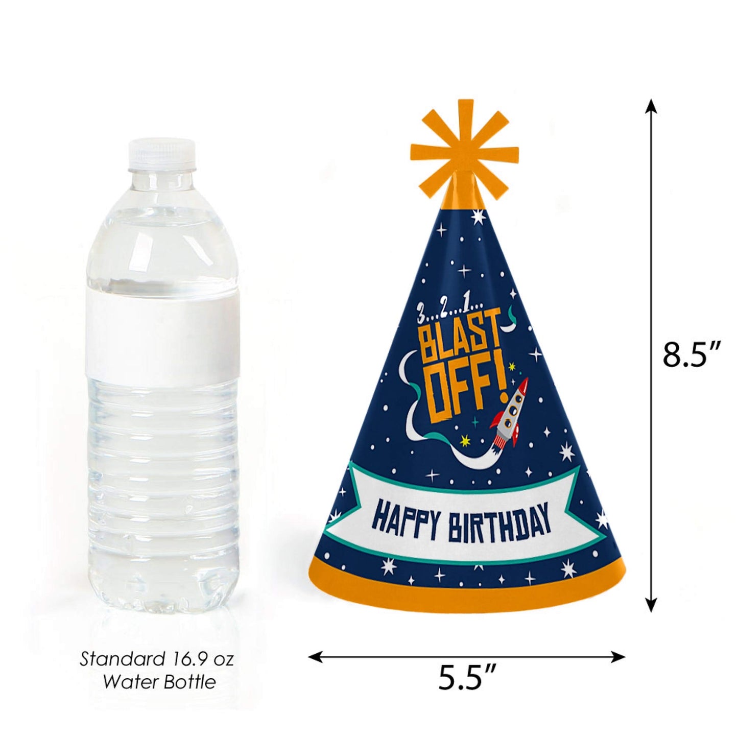 Big Dot of Happiness Blast Off to Outer Space - Cone Happy Birthday Party Hats for Kids and Adults - Set of 8 (Standard Size)