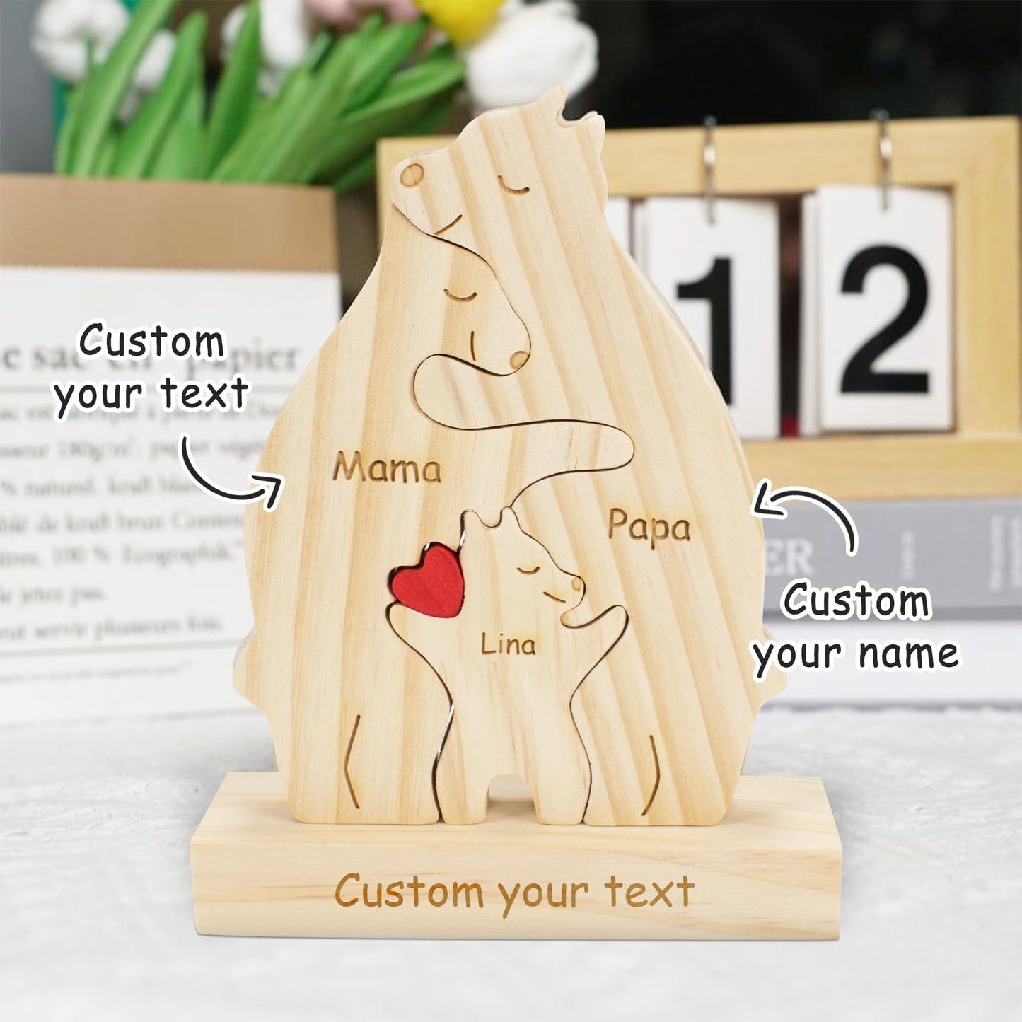 Personalized Wooden Bear Puzzle with 2-10 Family Name and Base,Custom Wooden Bear Decorative with Heart Loving for Christmas Family Bear Sculpture