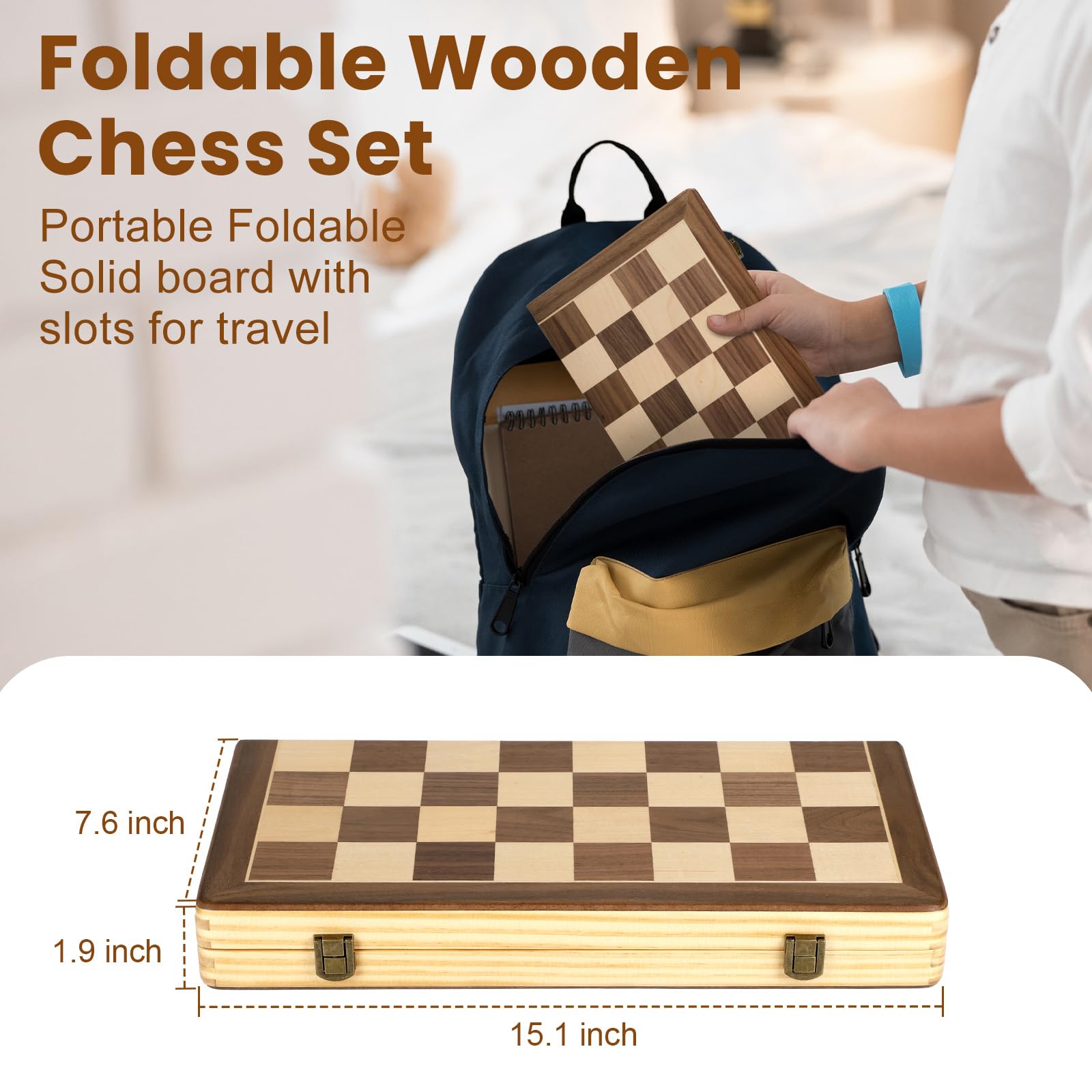 LEAP Magnetic Wooden Chess Checker Sets 15.5 inch Foldable Chess Board 3 inch King Height Chess Pieces, Upper Magnetic Checker Storage Slots