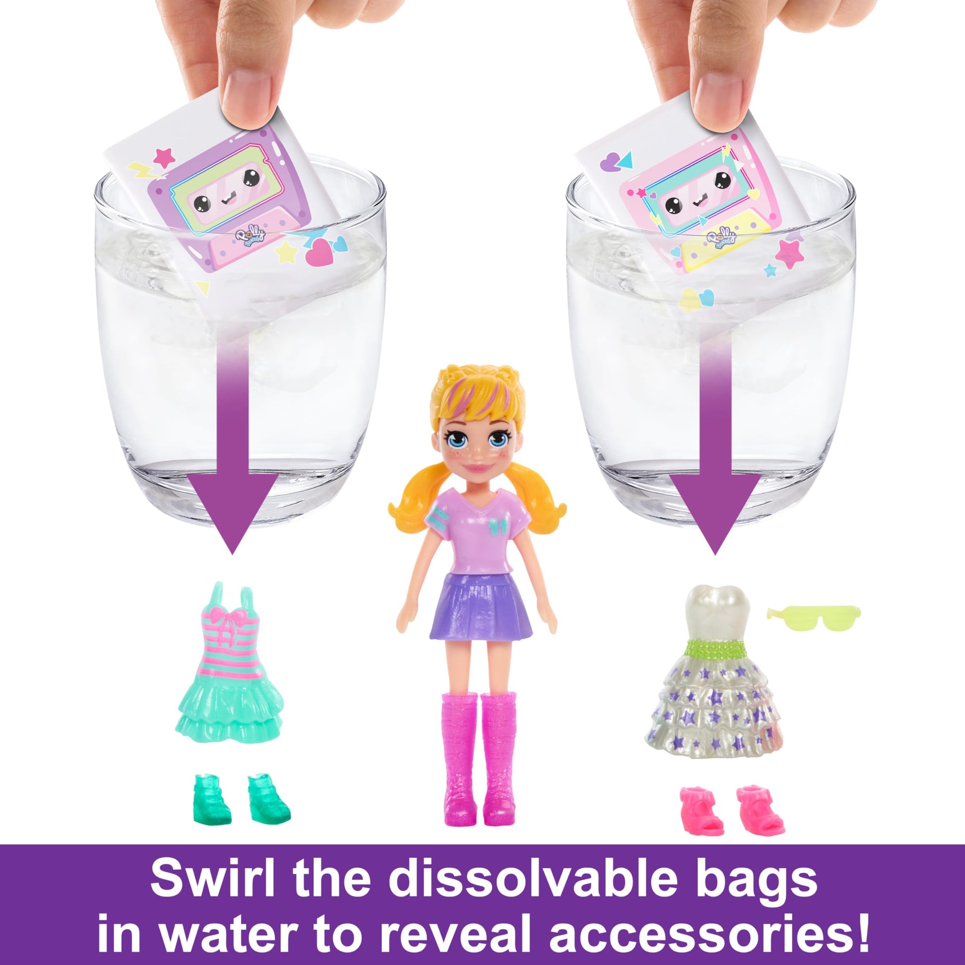 Polly Pocket Doll & Playset, Disco Dance Fashion Reveal Unboxing Travel Toy with 3-inch Hoodie Buddy Doll, 16 Accessories & Surprise Water Play