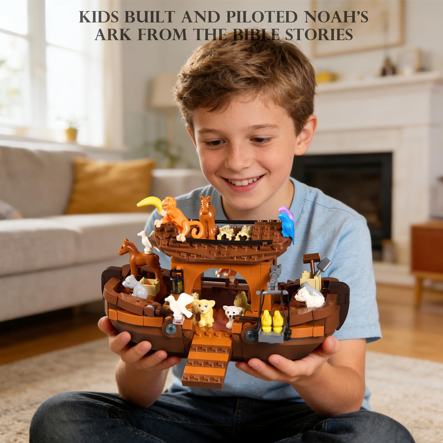 Noah's Ark Boat Building Blocks, Jesus Bible Religious Story Ship Toys with Animals & Plants Compatible with Lego, Baptism Gifts Easter Gifts