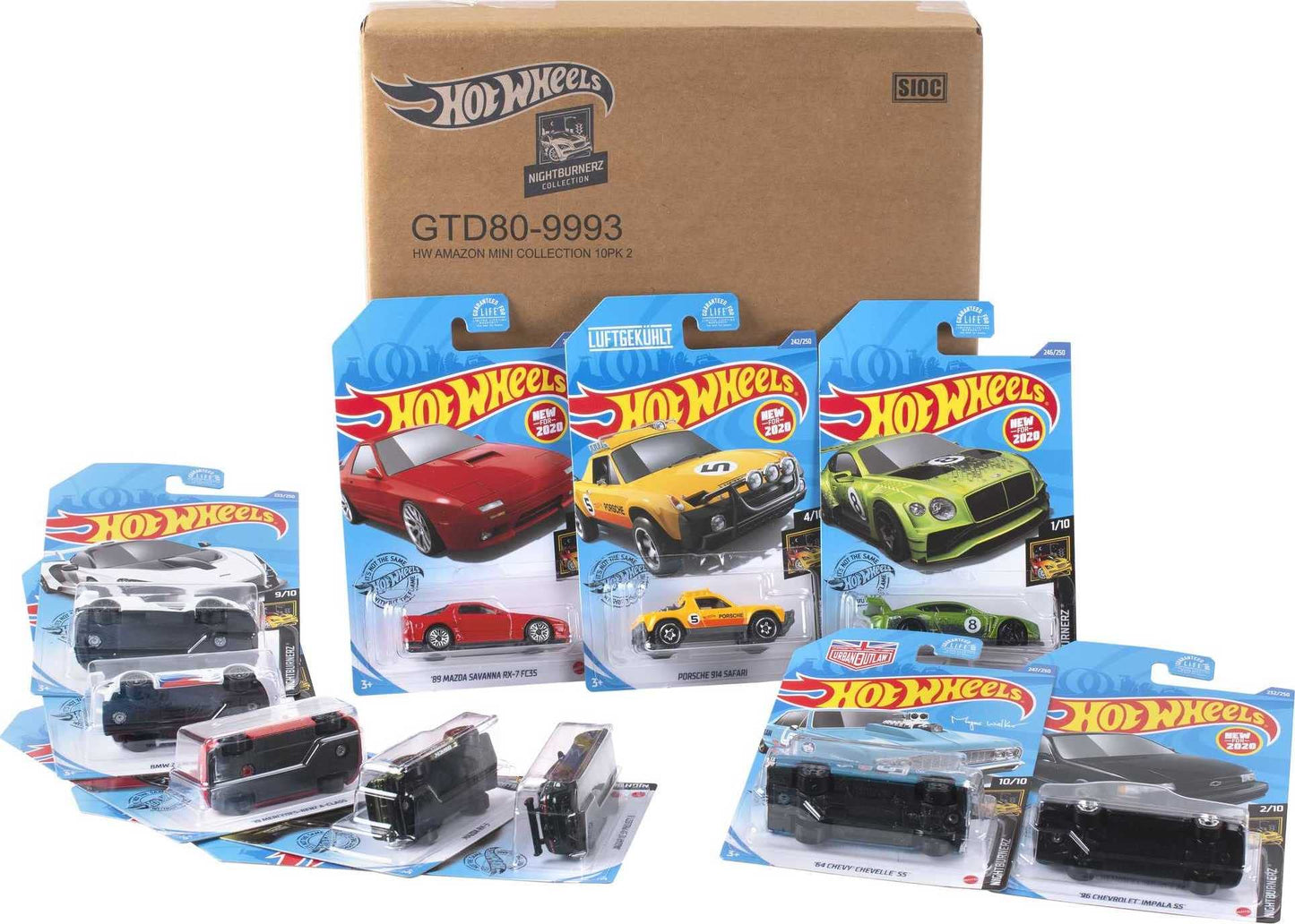 Hot Wheels Nightburnerz 10 Pack Mini Collection, 10 1:64 Scale Vehicles Themed to Super Speeders for Night Driving Each with Authentic Sculpt,