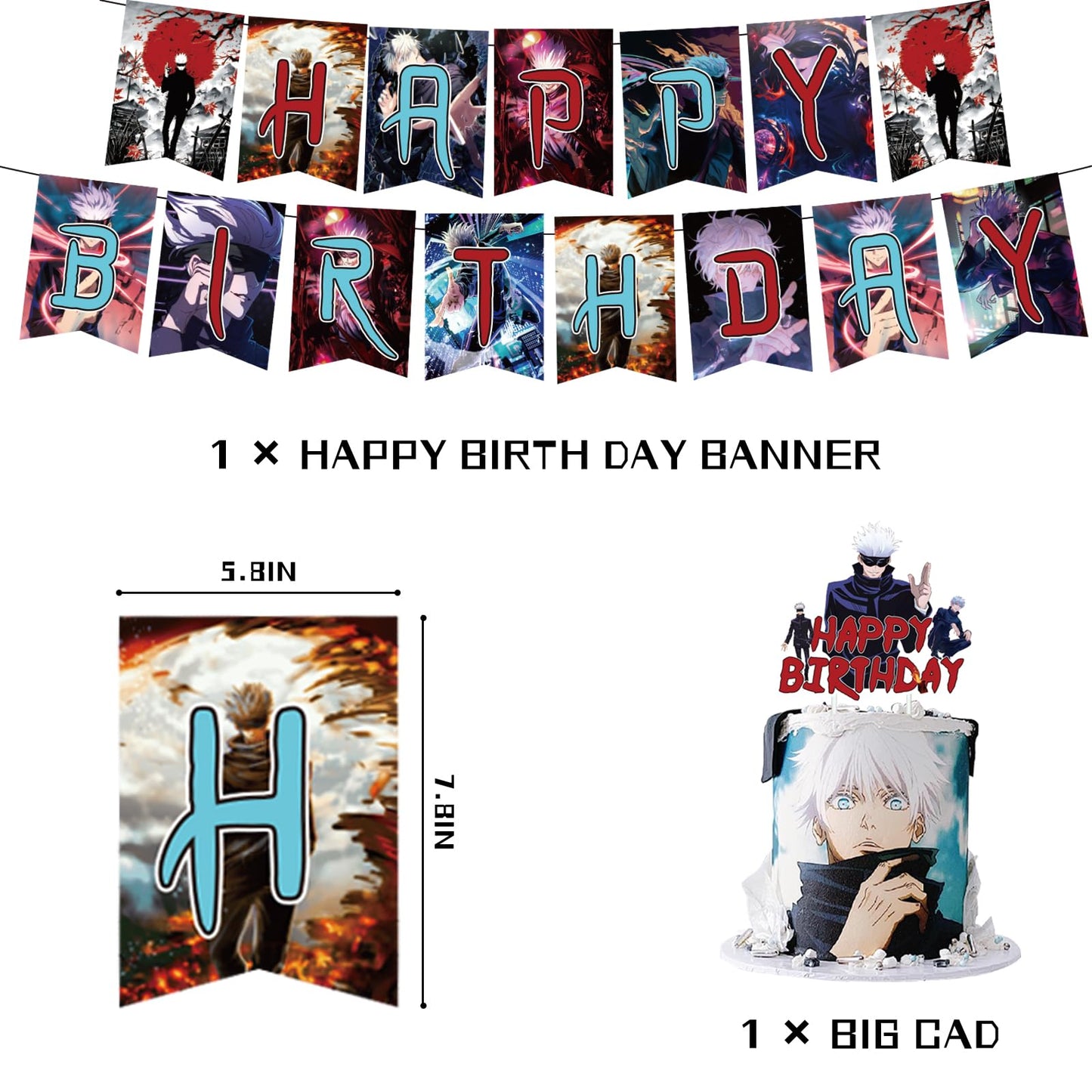 Anime Birthday Party Decoration, Include Satoru Happy Birthday Banner, Cake Topper, Latex Balloons, for Jujutsu Fans Party Supplies