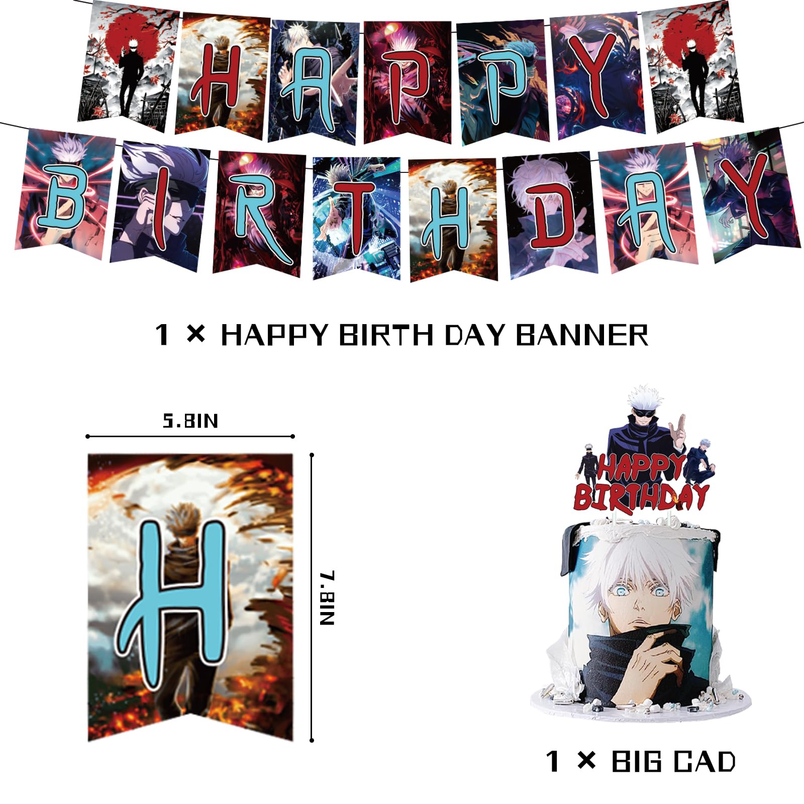 Anime Birthday Party Decoration, Include Satoru Happy Birthday Banner, Cake Topper, Latex Balloons, for Jujutsu Fans Party Supplies