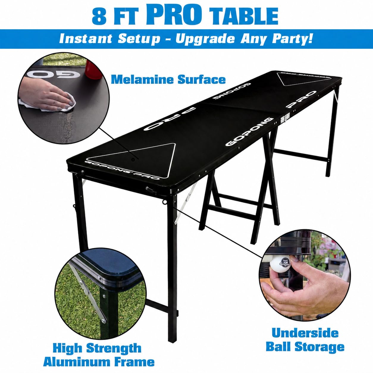 GoPong PRO 8 Foot Premium Beer Pong Table - Heavy-Duty (Black, 36-Inch Tall)