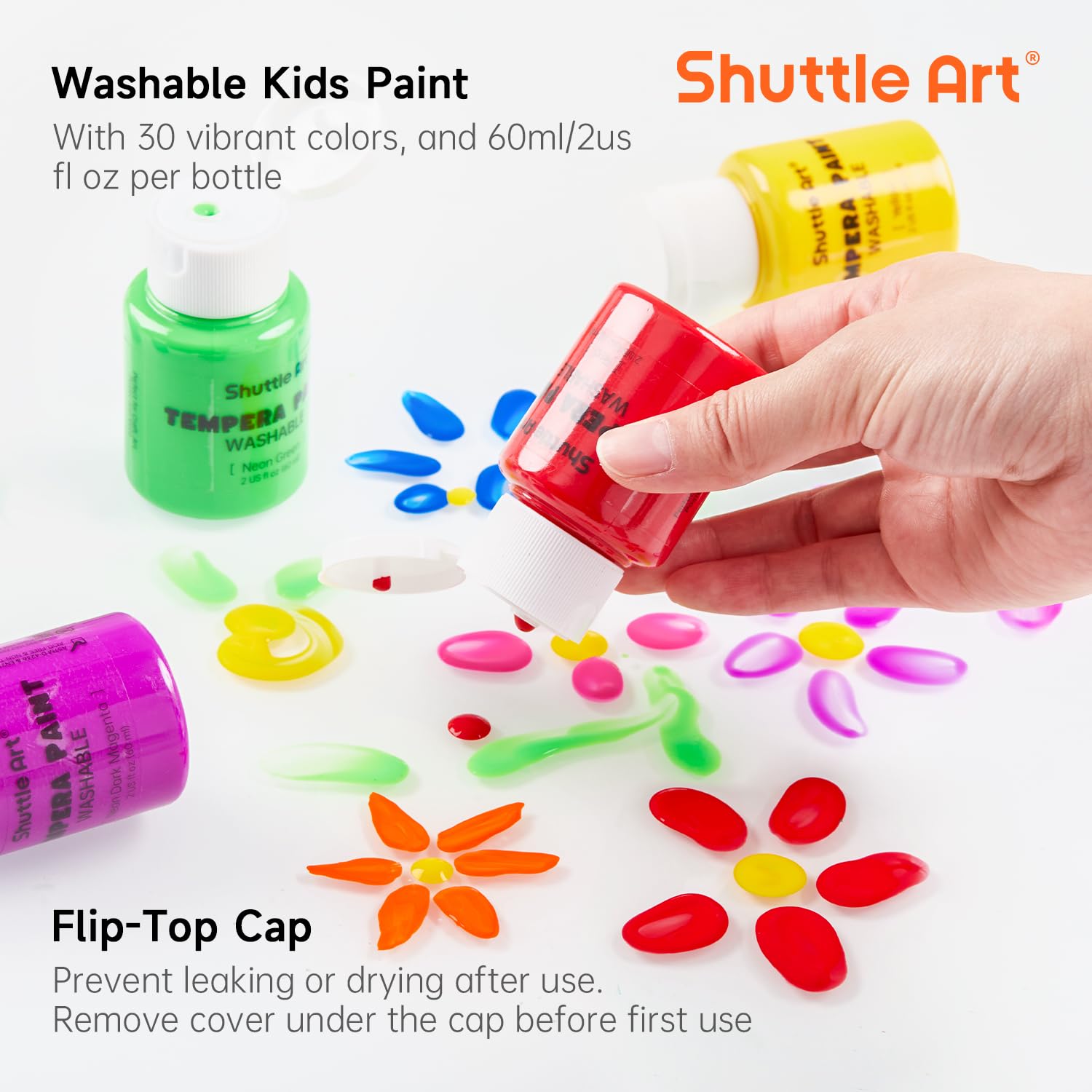 Shuttle Art Tempera Paint, 30 Colors (2 fl oz) Washable Paint for Kids with Glitter Metallic Neon Colors, Non-toxic Finger Painting for Toddlers