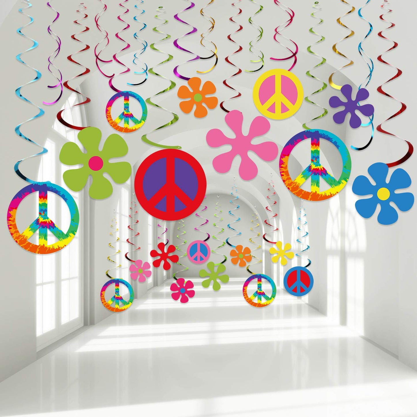 Outus 60s 70s Hippie Theme Birthday Party Decorations Foil Swirl Decorations, 60s 70s Peace Out Sign Groovy Daisy Retro Flower Power Cutouts Hanging