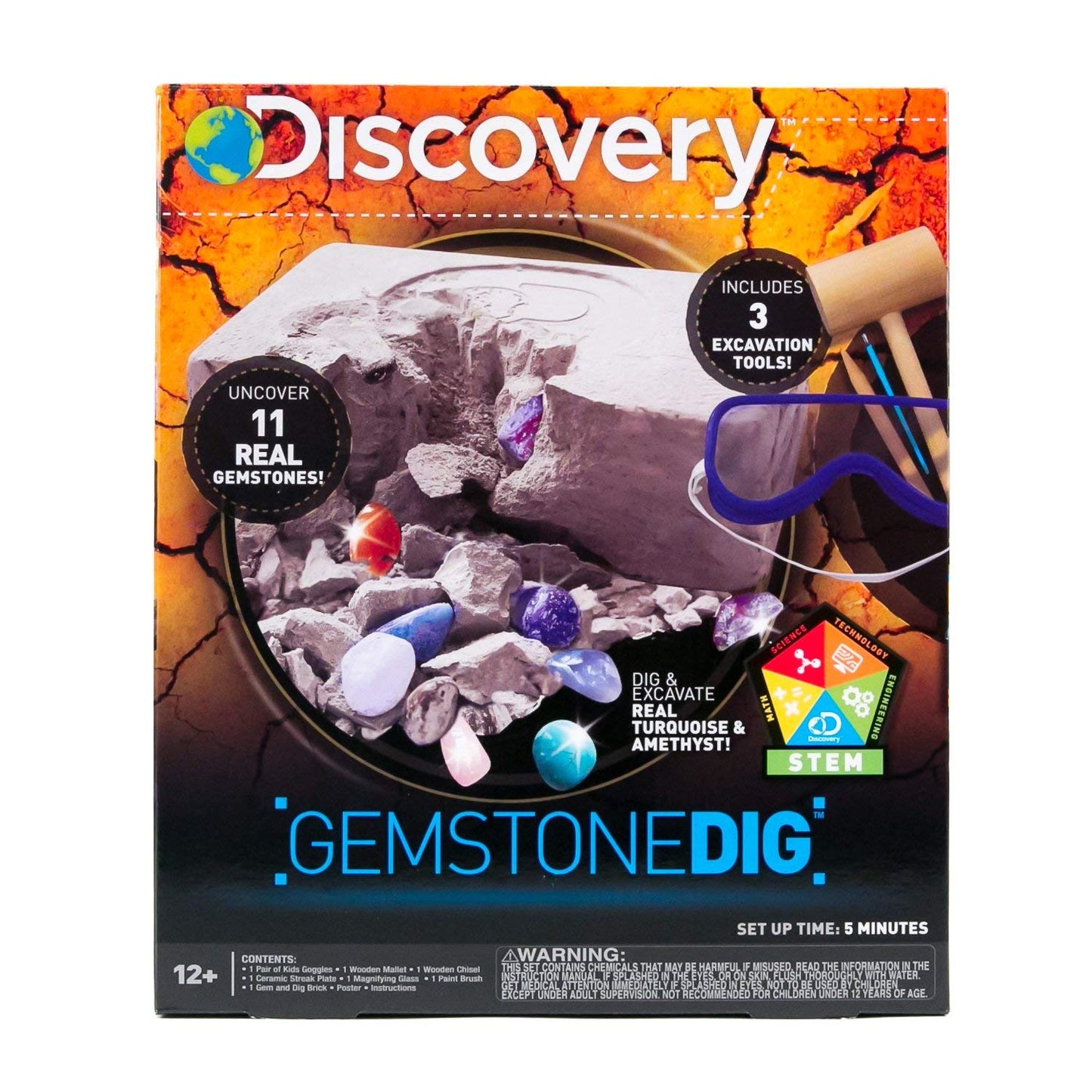 Discovery Kids Gemstone Dig Stem Science Kit by Horizon Group Usa, Excavate, Dig & Reveal 11 Real Gemstones, Includes Goggles, Excavation Tools
