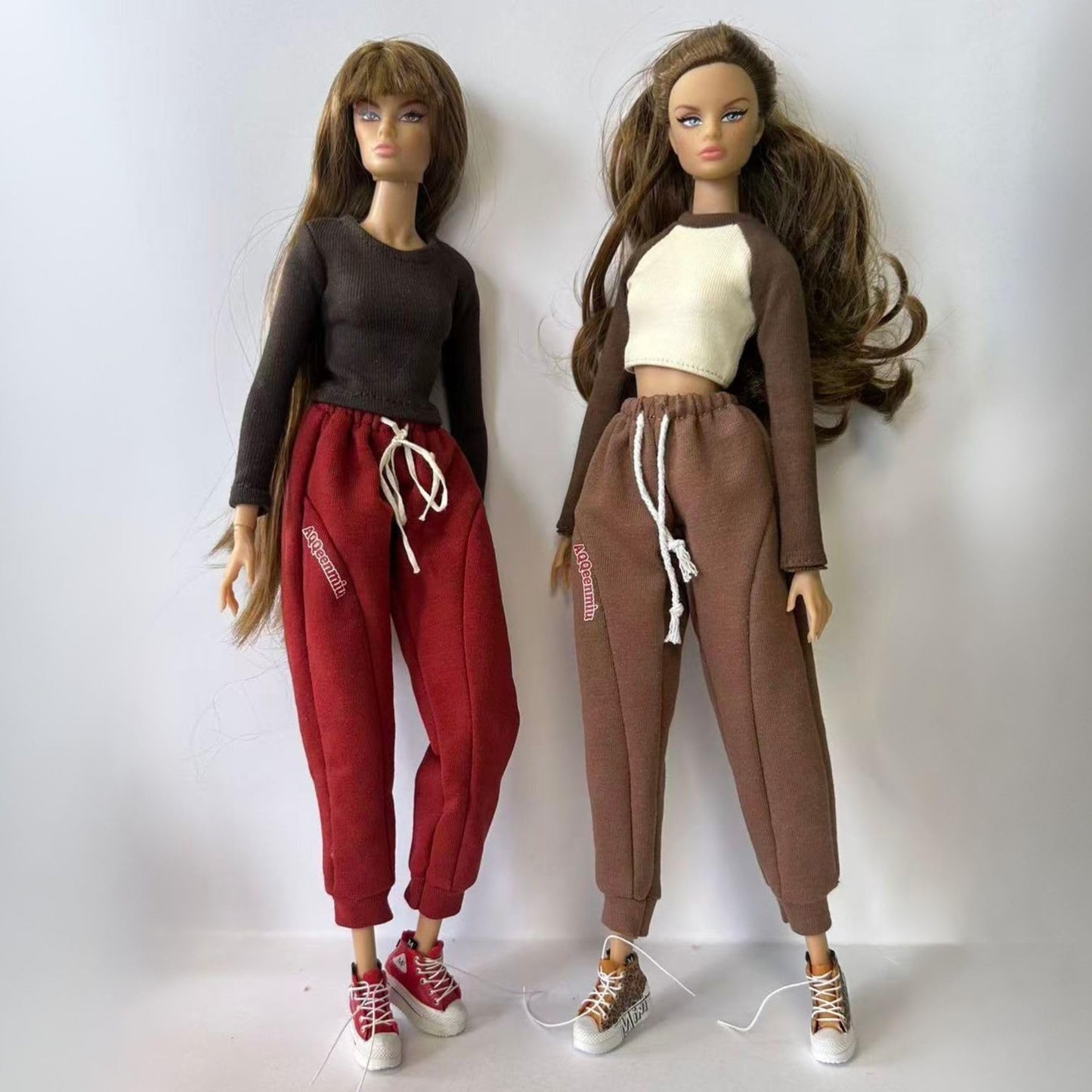 Doll Clothes Outfit Set for 11.5-12 Inch Fashion Dolls, Brown Raglan Top with red Jogger Pants and Sneakers (red Set)