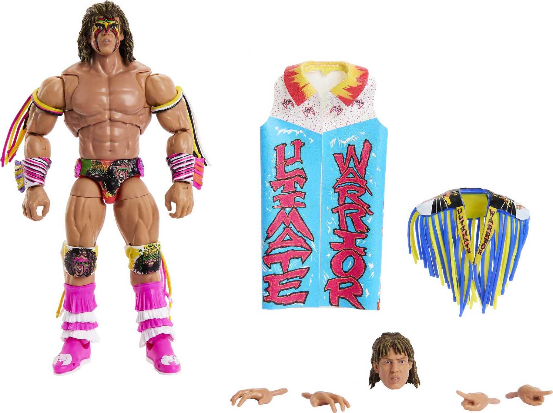 Mattel WWE Ultimate Edition Action Figure & Accessories Set, Warrior 6-inch Collectible with 30 Articulation Points, Swappable Pieces & Entrance Gear