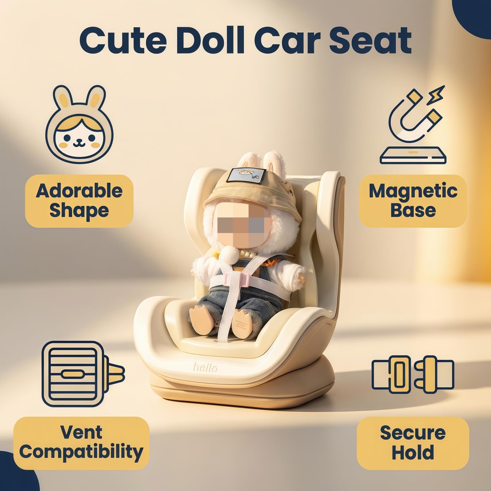Dolls Car Seat for 10-17cm Doll, Including Air Vent Clip, Magnetic Doll Car Seat Holder, Universal 3.9"-6.7" Action Figure Sofa with Elastic Safety