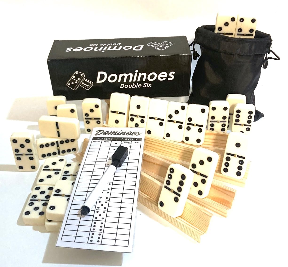 Games Dominoes Double 6, Tournament Size, Two Toned with Spinner (Center) Rivets, in Wooden case