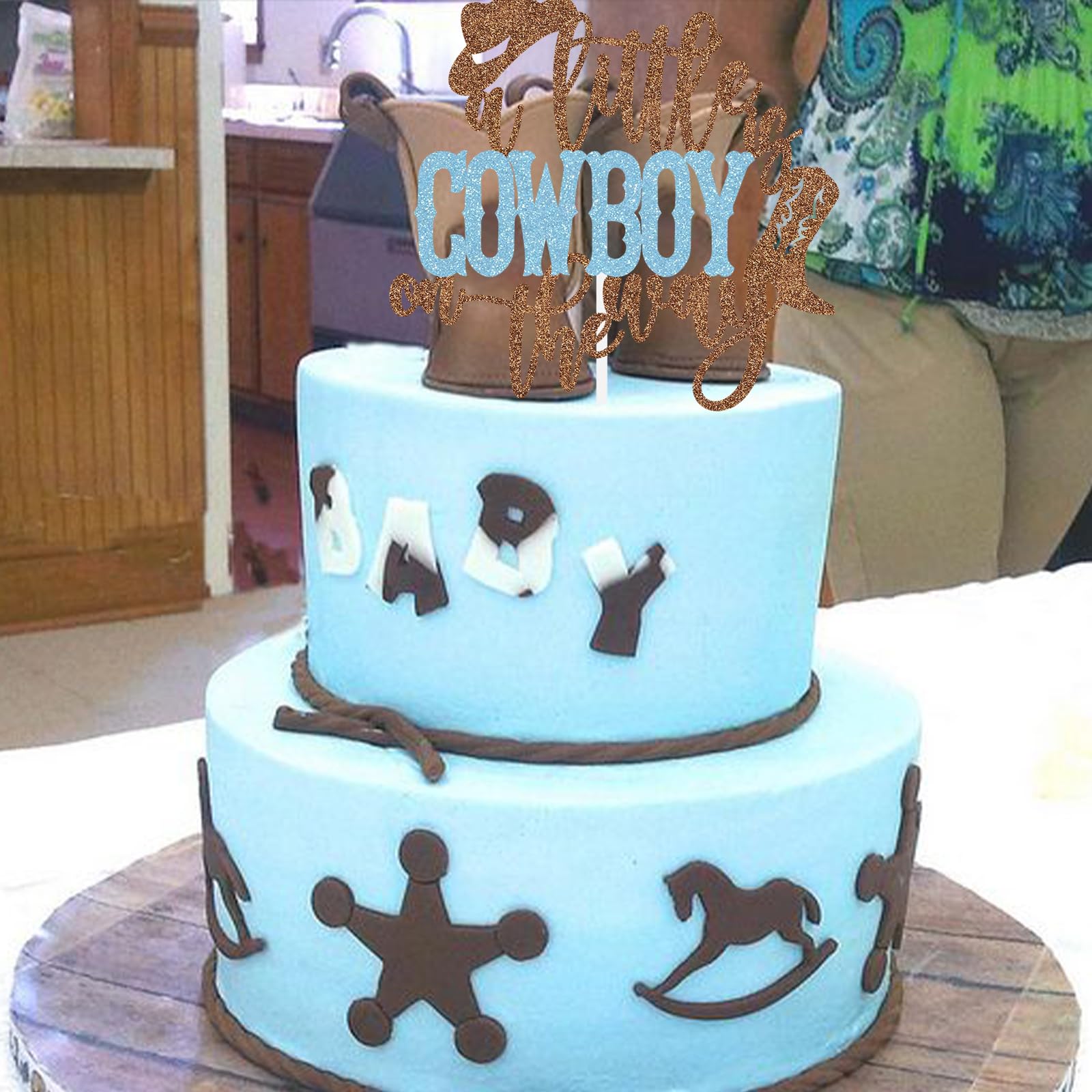 A Little Cowboy Is On The Way Cake Topper Boy Baby Shower Decoration Western Themed Party Supplies Blue