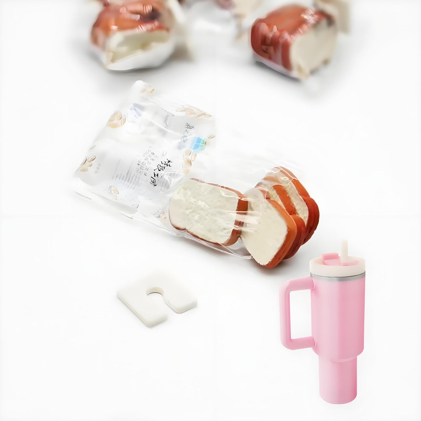 2Pcs Miniature Drink Cup & Toast Set - Realistic 1/12 Scale Dollhouse Tumbler with Detachable Lid & Straw, Pink, for DIY Dollhouse, Fairy Garden