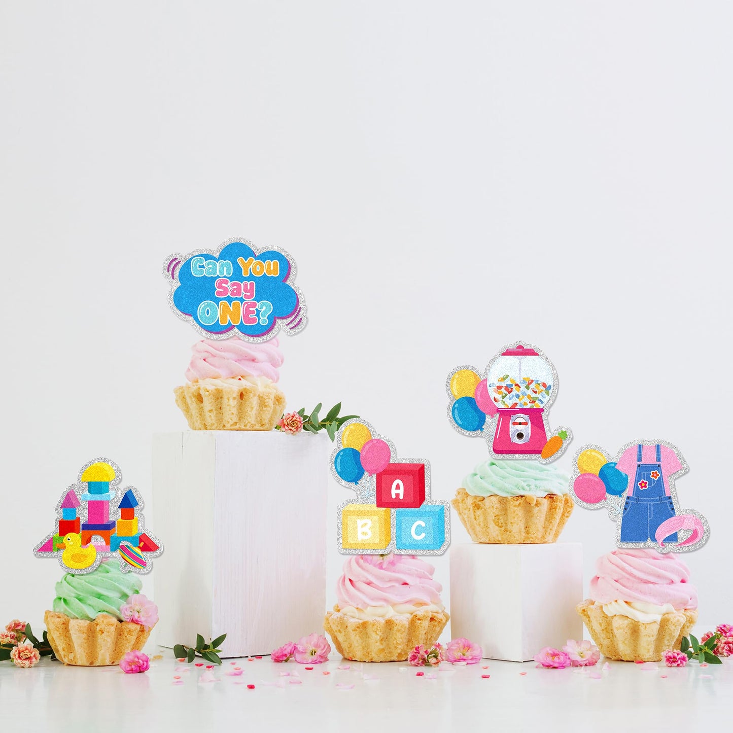 24Pcs Can You Say 1st Birthday Cupcake Toppers - Glitter Rachell Teacher Party Decorations For Rachel Cartoon English Rainbow ABC Themed One Year Old