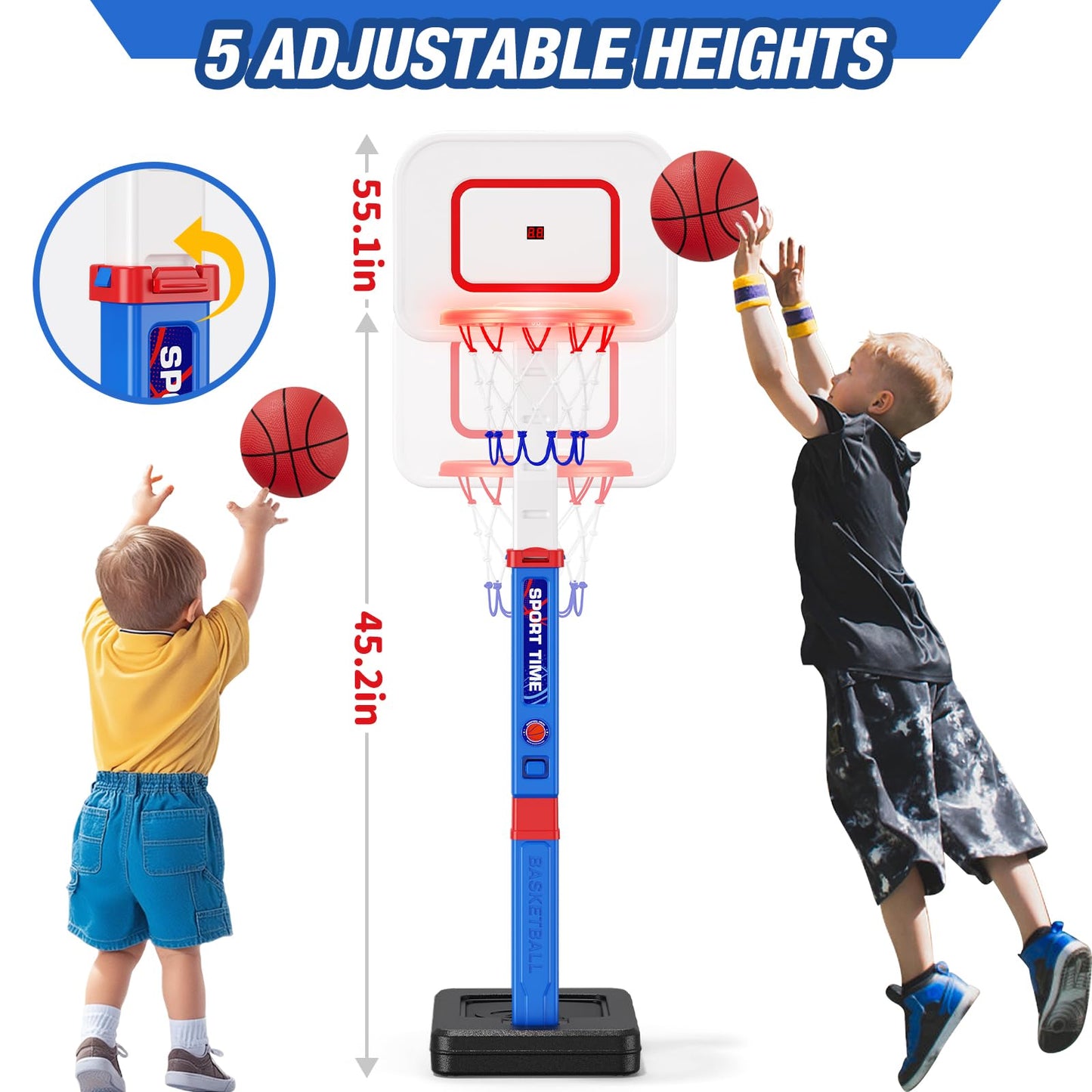HYES Kids Basketball Hoop with Scoreboard/LED Basketball Rim for Child 3-5