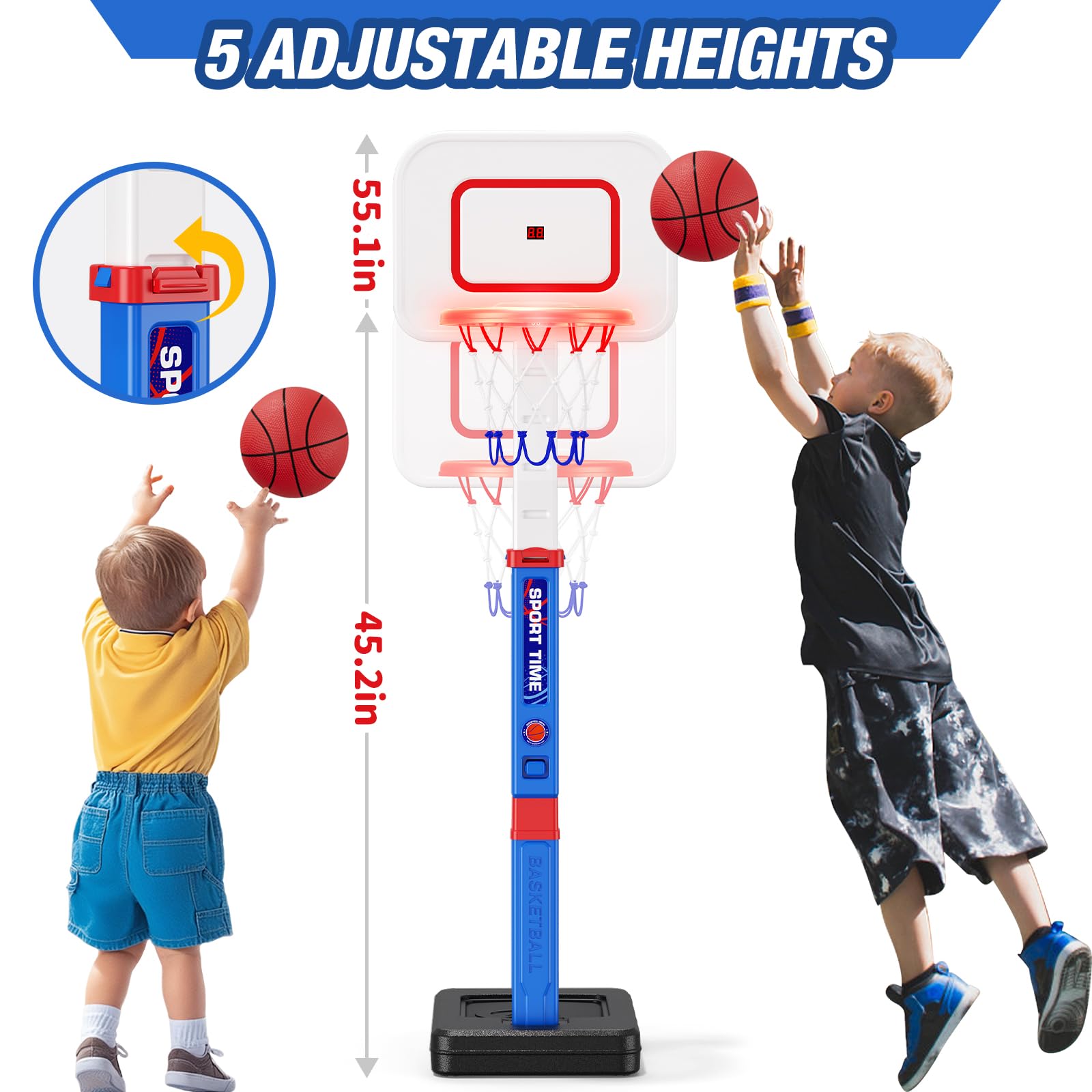 HYES Kids Basketball Hoop with Scoreboard/LED Basketball Rim for Child 3-5