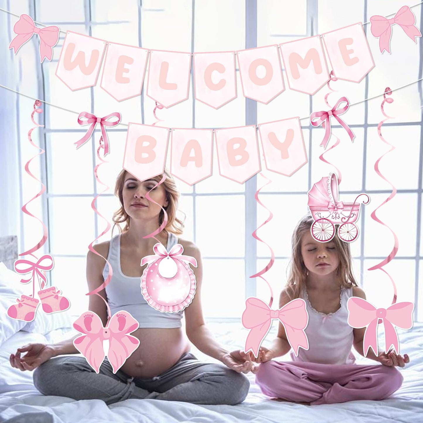Pink Bow Welcome Baby Banner With Haning Swirls, Bow Baby Girl Banner, Pink Bow Baby Shower Decorations, Welcome Baby Girl Decorations for Girls