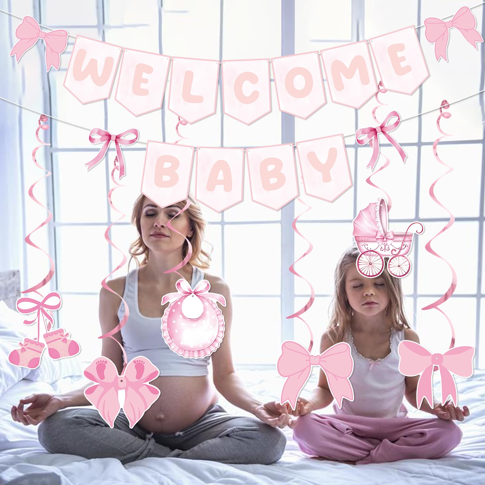 Pink Bow Welcome Baby Banner With Haning Swirls, Bow Baby Girl Banner, Pink Bow Baby Shower Decorations, Welcome Baby Girl Decorations for Girls