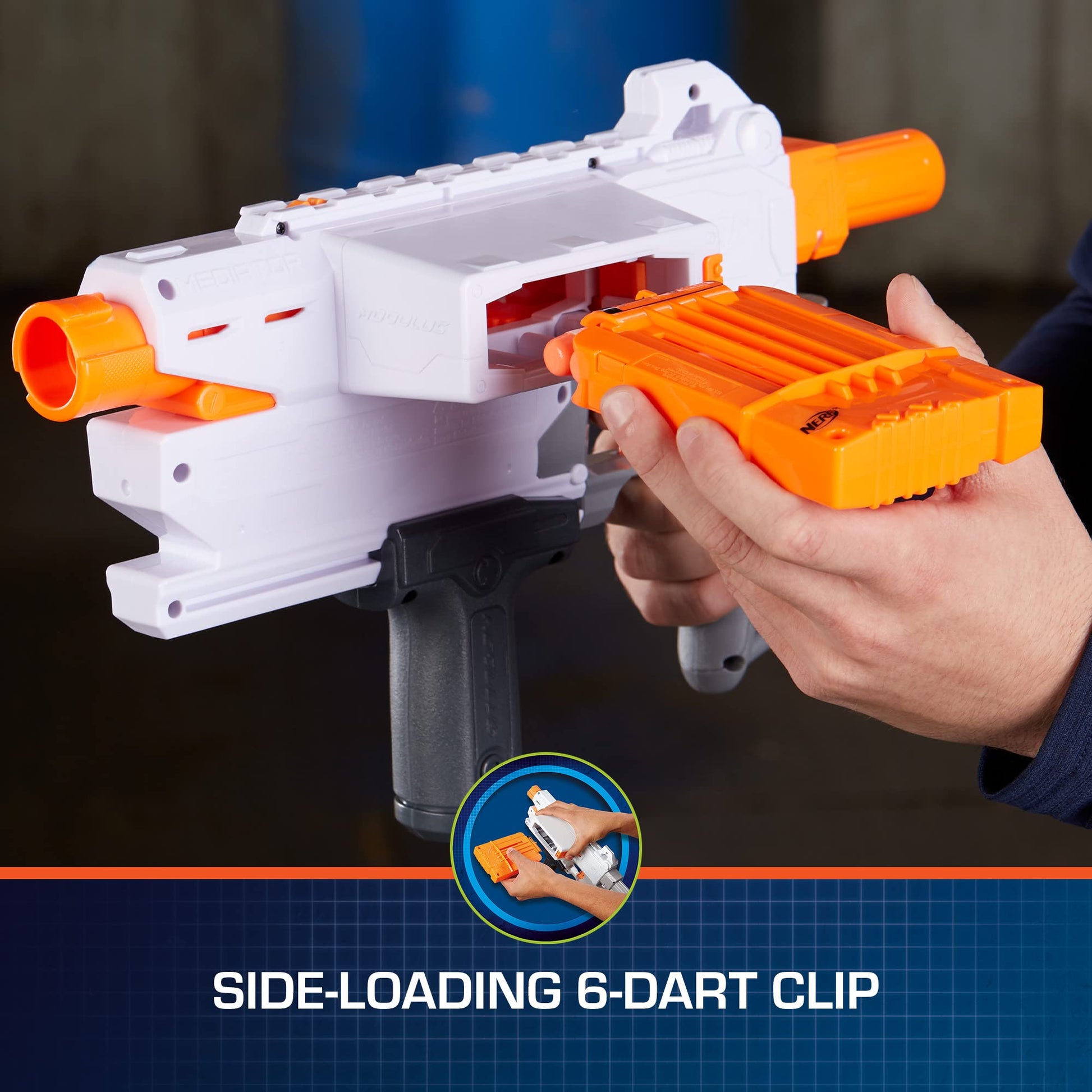 NERF Modulus Mediator Blaster - Fires 6 Darts in a Row, Pump Action, Slam Fire, Includes 6-Dart Clip and 6 Official Nerf Elite Darts (Amazon