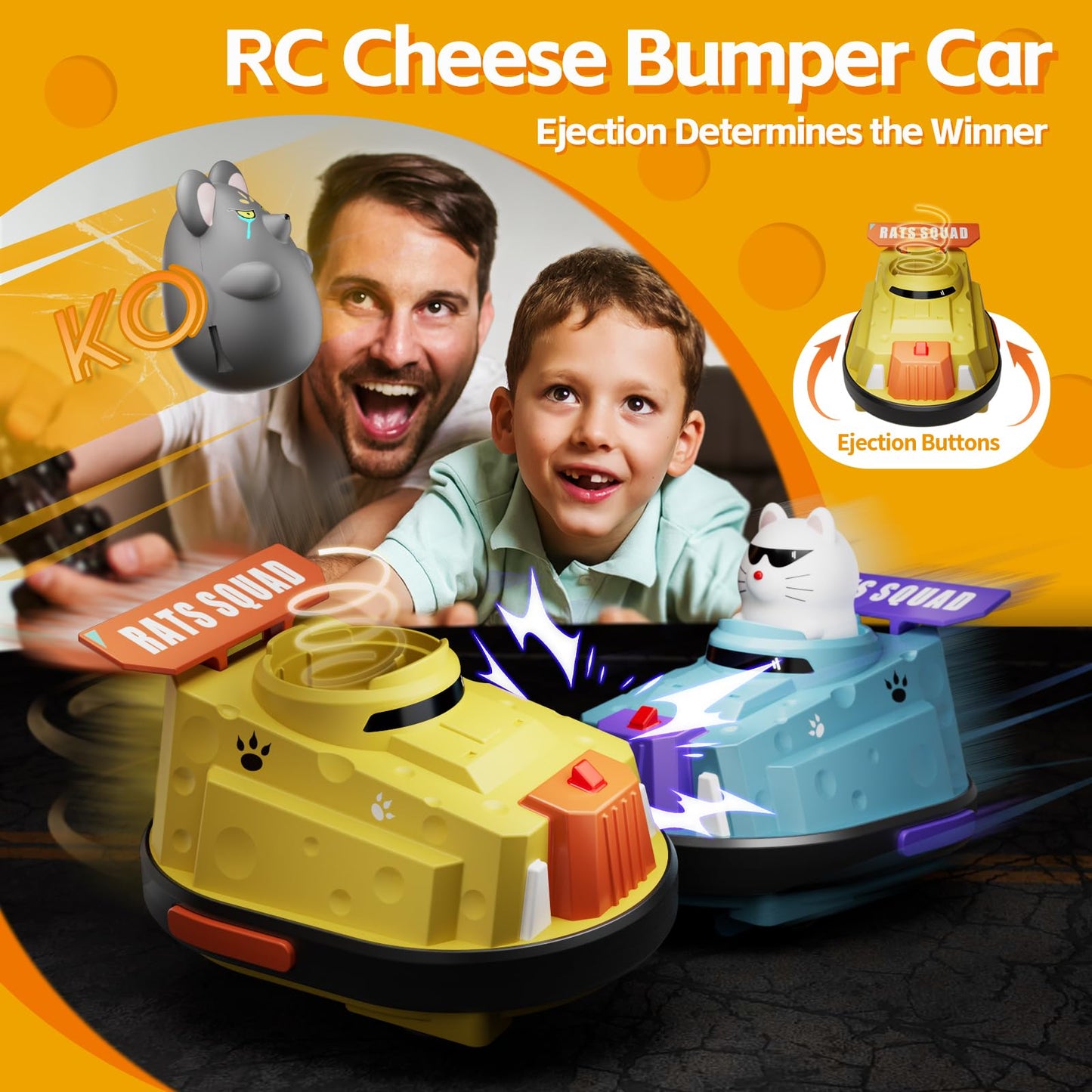 deependo 2 Pack Remote Control Car, RC Ejecting Bumper Car for Kids, Cat and Rat War Cheese Bumper Car, Car Toys for Ages 5-7, Christmas Birthday