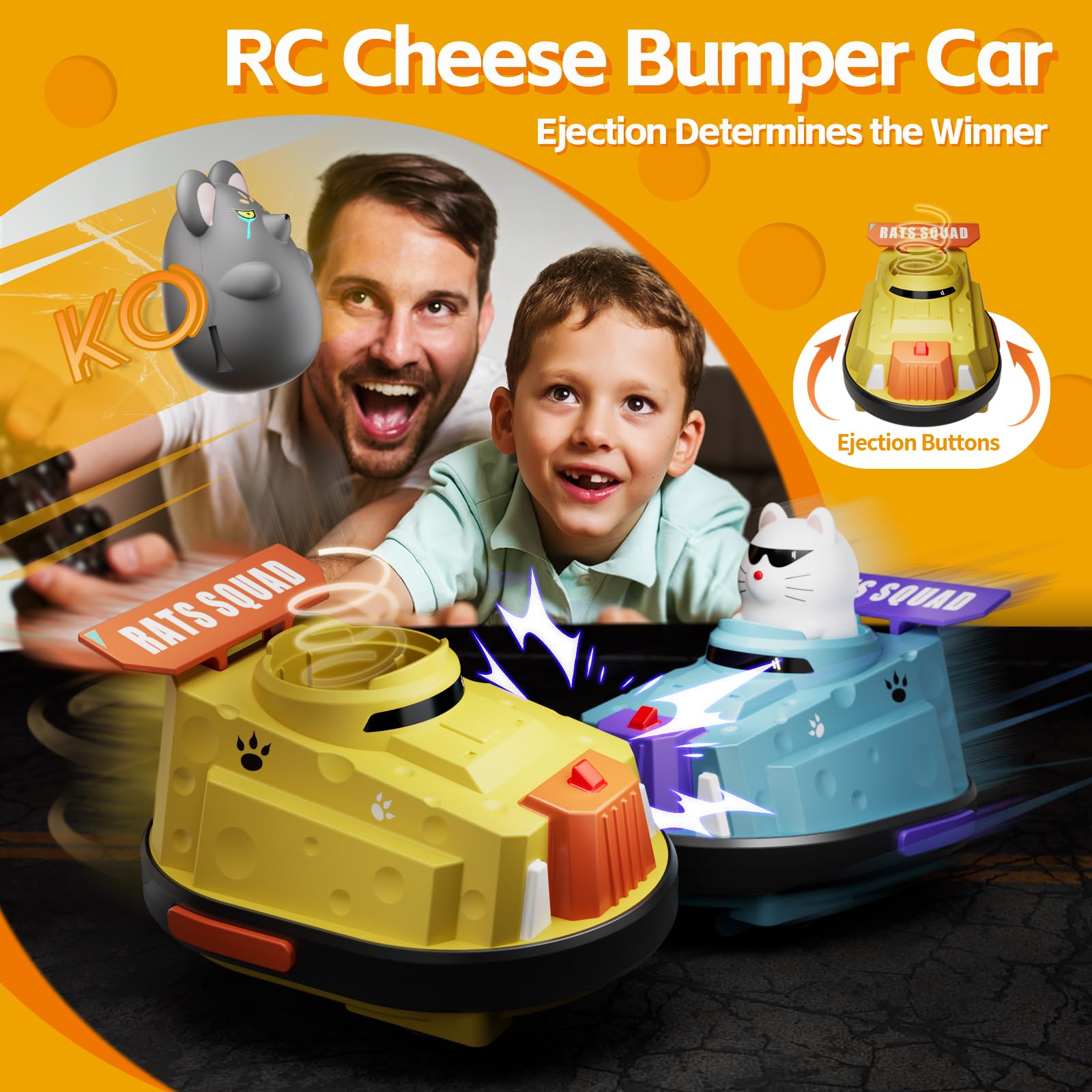 deependo 2 Pack Remote Control Car, RC Ejecting Bumper Car for Kids, Cat and Rat War Cheese Bumper Car, Car Toys for Ages 5-7, Christmas Birthday