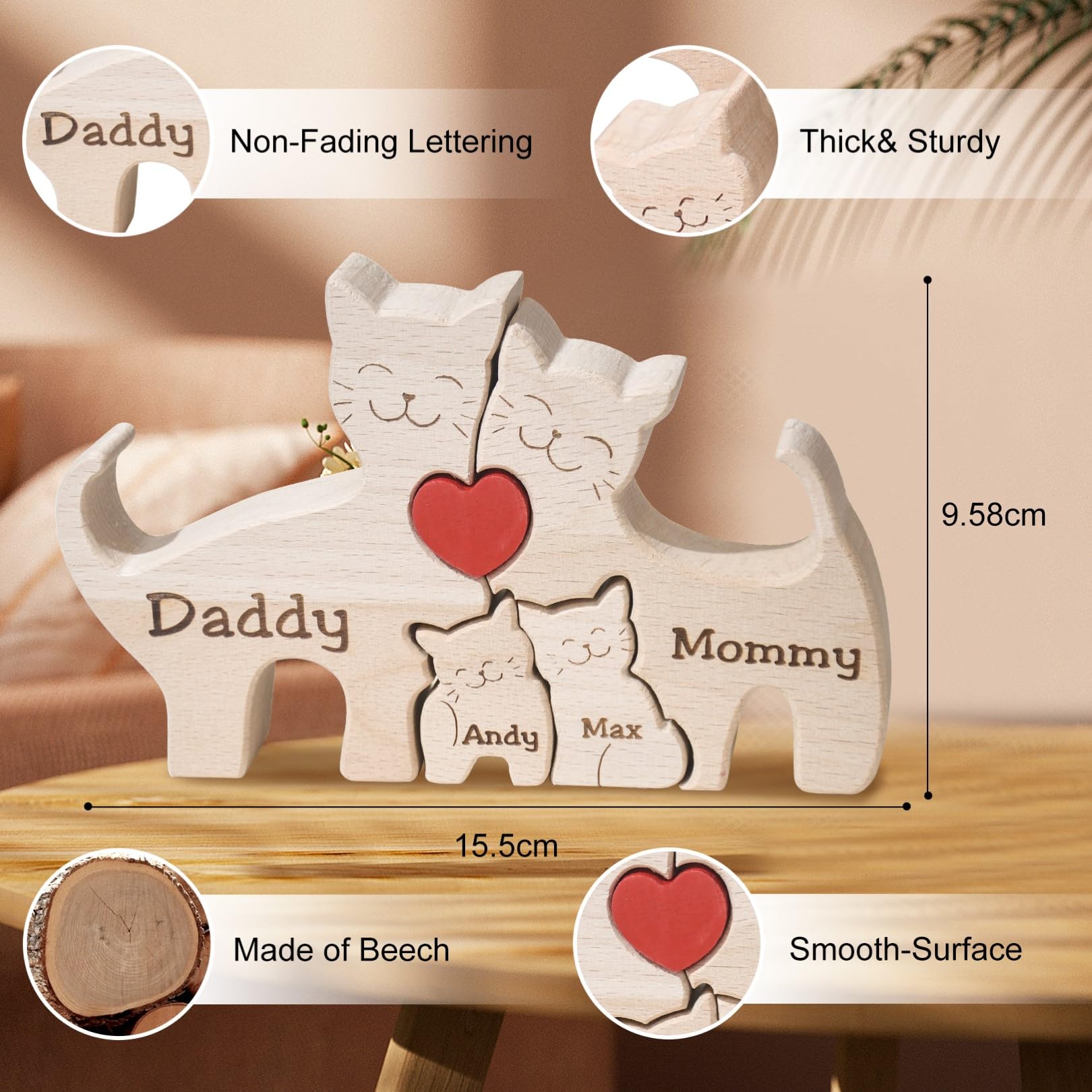 Personalized Bear Family Wooden Art Puzzle, Wooden Bear Jigsaw Puzzle with Heart, Customized Gift for Mom Dad Home Decoration (Popular Cat Gift)