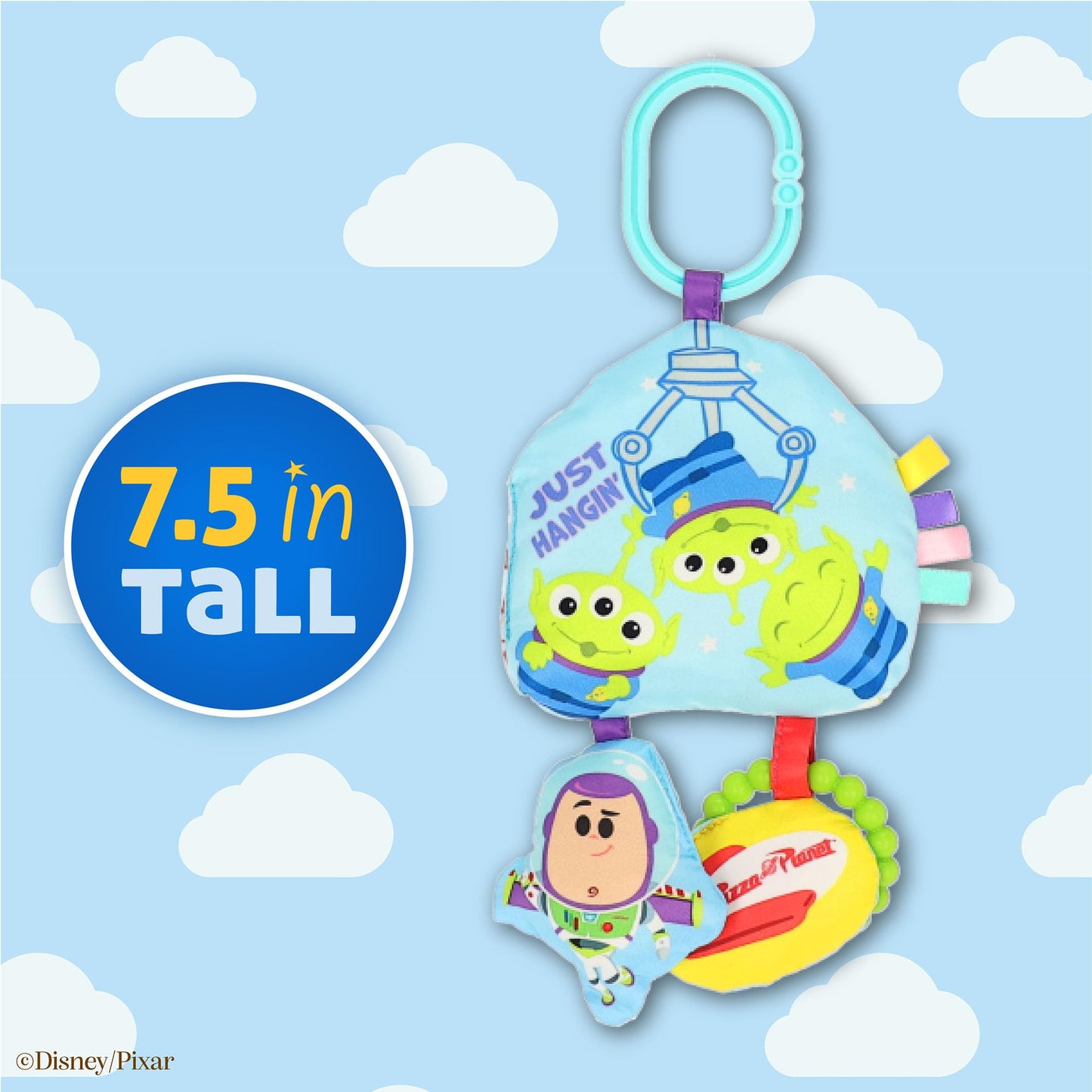 Disney Toy Story The Claw On the Go Jingle Toy with Little Green Aliens, Crinkle Sensory Toy with Teether, Clip-On Baby Travel Activity Toy by Kids