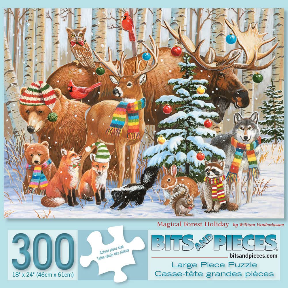 Bits and Pieces - 300 Piece Jigsaw Puzzle for Adults 18" x 24" - Magical Forest Holiday - 300 pc Animals Christmas Celebration Jigsaw by Artist