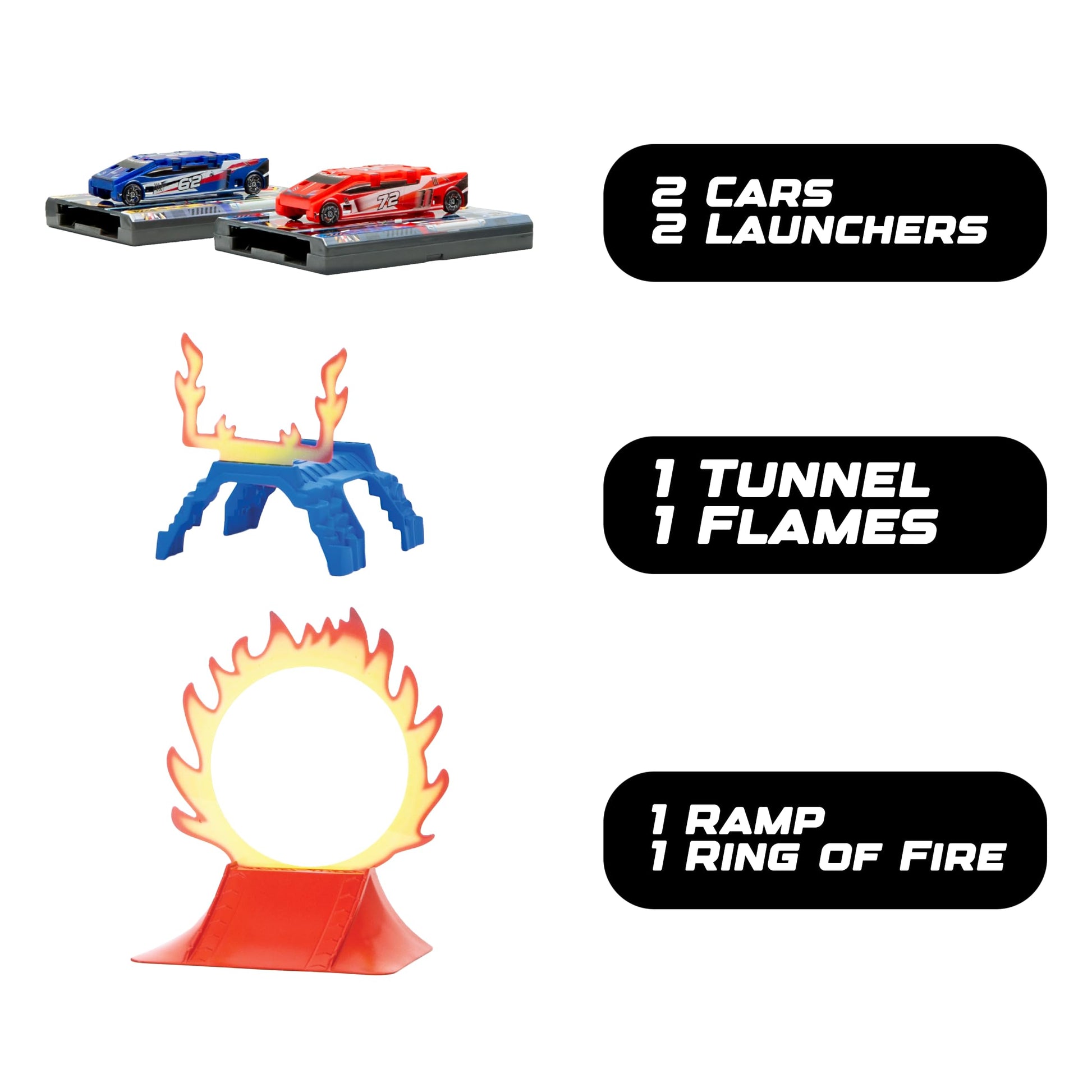 Flat 2 Fast Stunt 2-Pack Playset - All-Inclusive Set with Launch Ramp, Fire Ring, Tunnel & 2 Flat Car Racers - Build Custom Stunts - Ages 5+