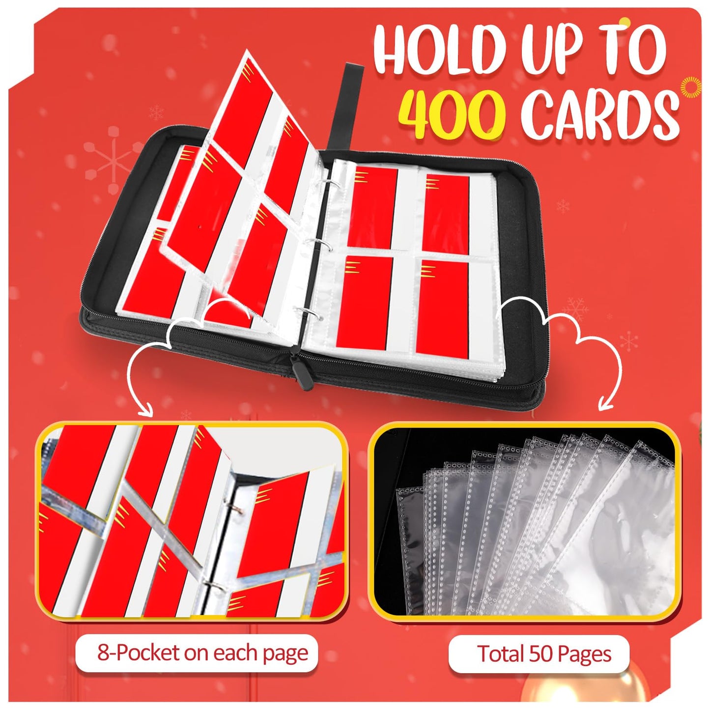 Card Binder 4 Pocket, Collectible Trading Card Albums Fits 400 Cards with 50 Removable Sleeves, Portable Trading Card Binder Collection Album Holder