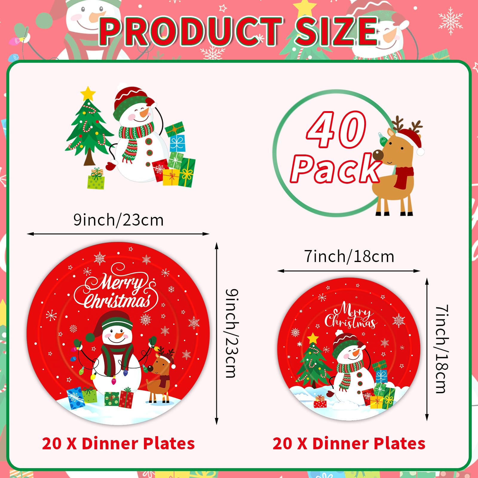 40 Pcs Merry Christmas Paper Plates - Disposable Red Christmas Plates, Cute Snowman Xmas Tree Dinner Dessert Plate Tableware Kit for Winter Xmas Party