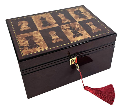HPL Large High Gloss Cherry and Burlwood Color Locking Chess Storage Box for up to 4 3/4 inch Men Set
