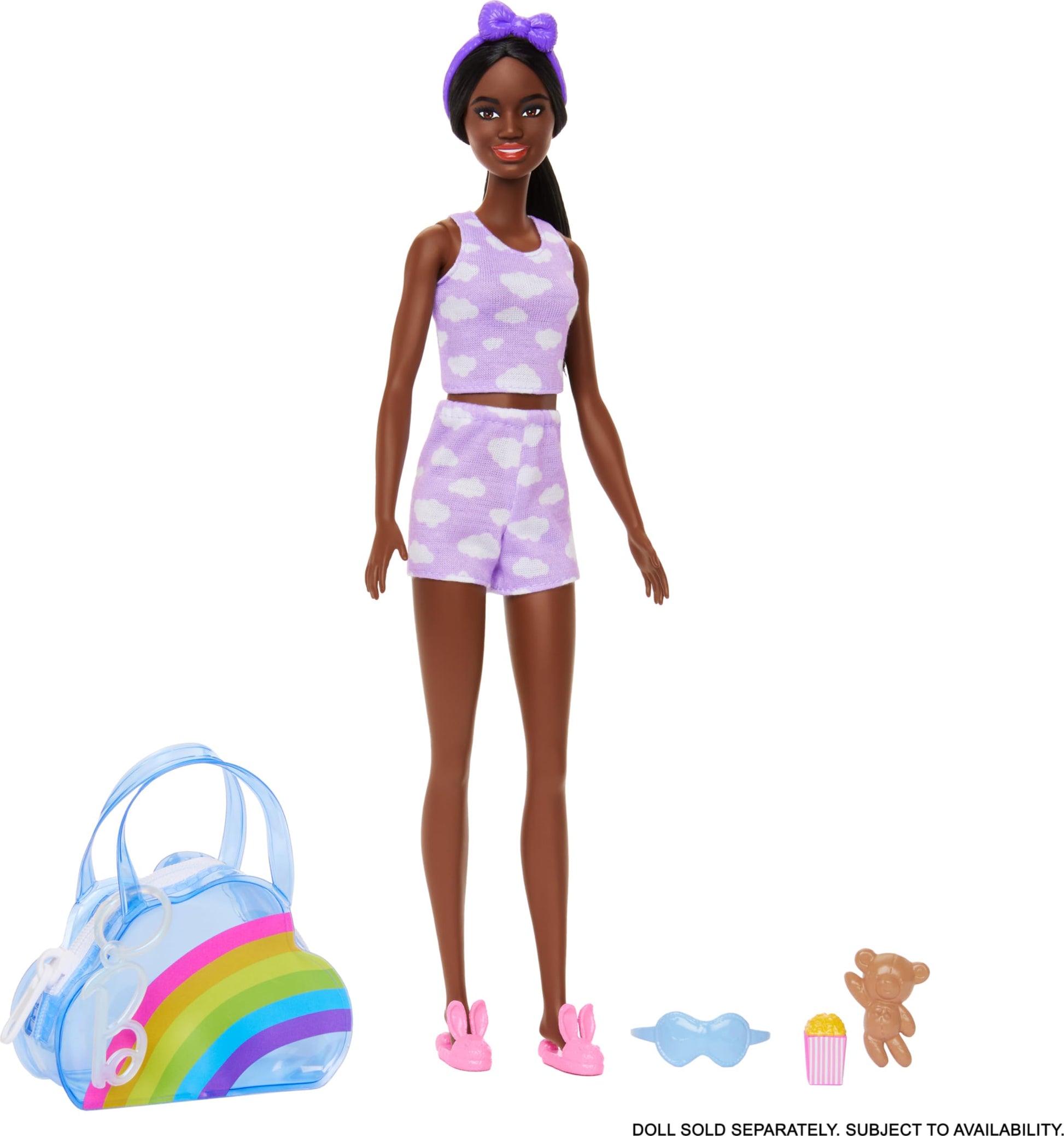 Barbie Clothes & Accessories, Deluxe Keychain Rainbow Bag with Pajamas & Slumber Party-Themed Accessories for Fashion Dolls Like Slippers