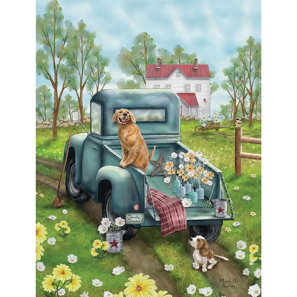 Bits and Pieces - Large 300 Piece Jigsaw Puzzle for Adults - Fresh Flowers - Country Dogs Jigsaw Puzzle by Michelle Lanoue, Completed Puzzle Size: 18"