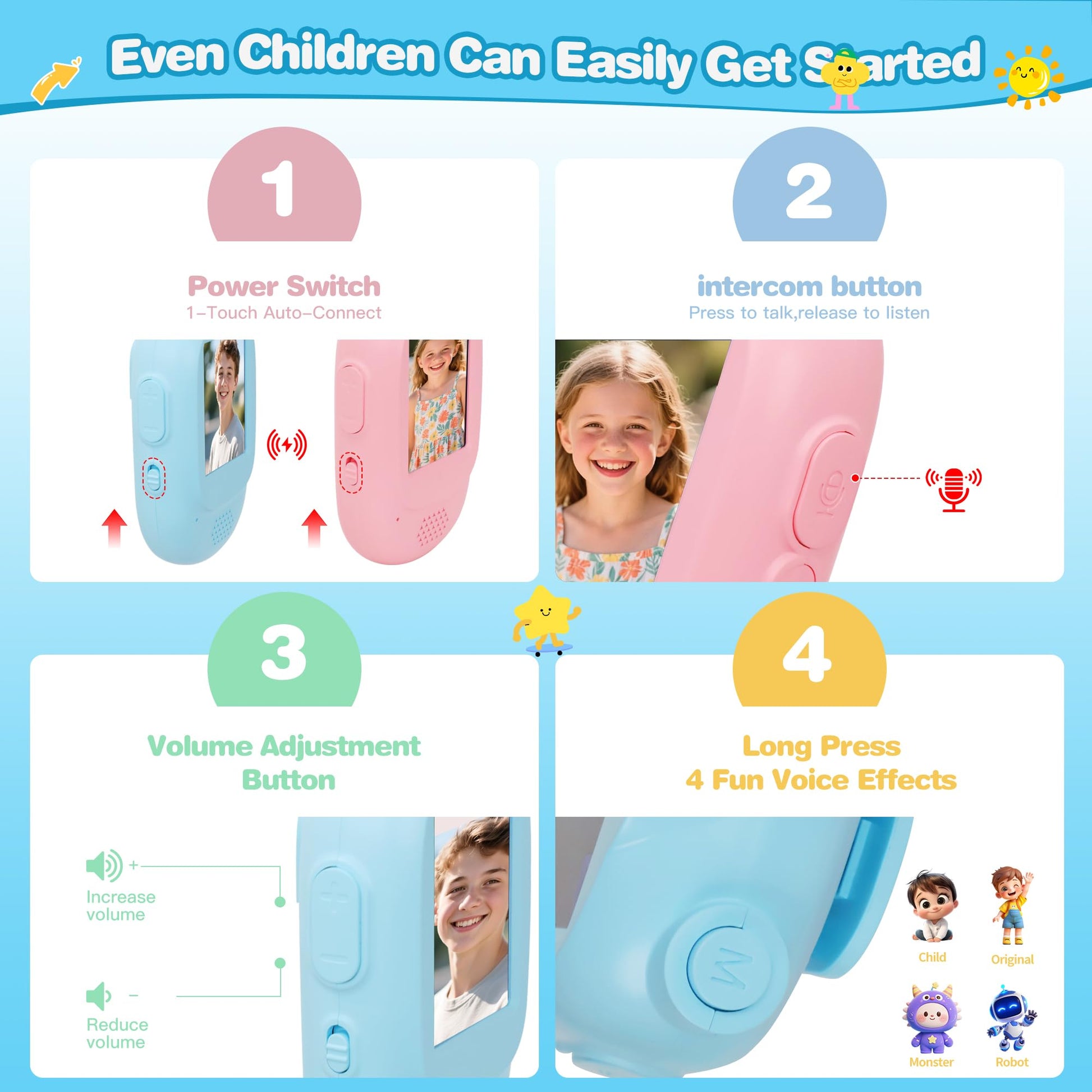 Video Walkie Talkies for Kids, Blue/Pink 2 Pack 1000 mAh Rechargeable Long Range Video walkie talkies, 3 Wearing Options Indoor Outdoor Toys for