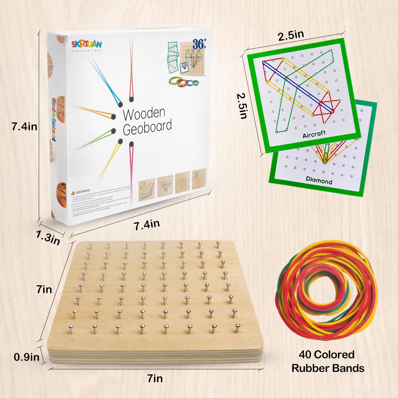 Wooden Geoboard with Rubber Bands Graphical Math Pattern Blocks Geo Board - Montessori Educational Toy for Kids with Pattern Cards and Rubber Bands