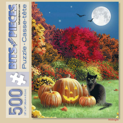 Bits and Pieces - Jigsaw Puzzle for Adults - Midnight Halloween by Alan Giana - Black Cat, Pumpkins, Jack-O’-Lanterns, and Full Moon with Unique