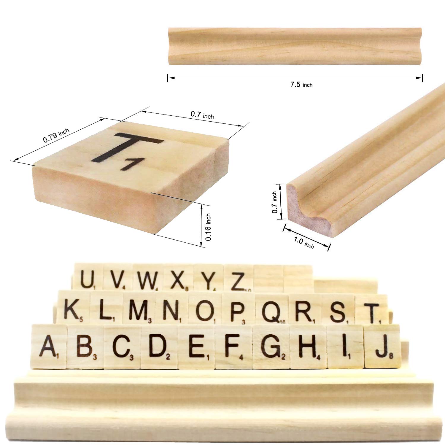 PINOWU 100pcs Wood Letter Tiles for Scrabble, Replacement for Scrabble Letters with Wood Racks and Cloth Gift Bag Craft Playing Alphabet Coasters