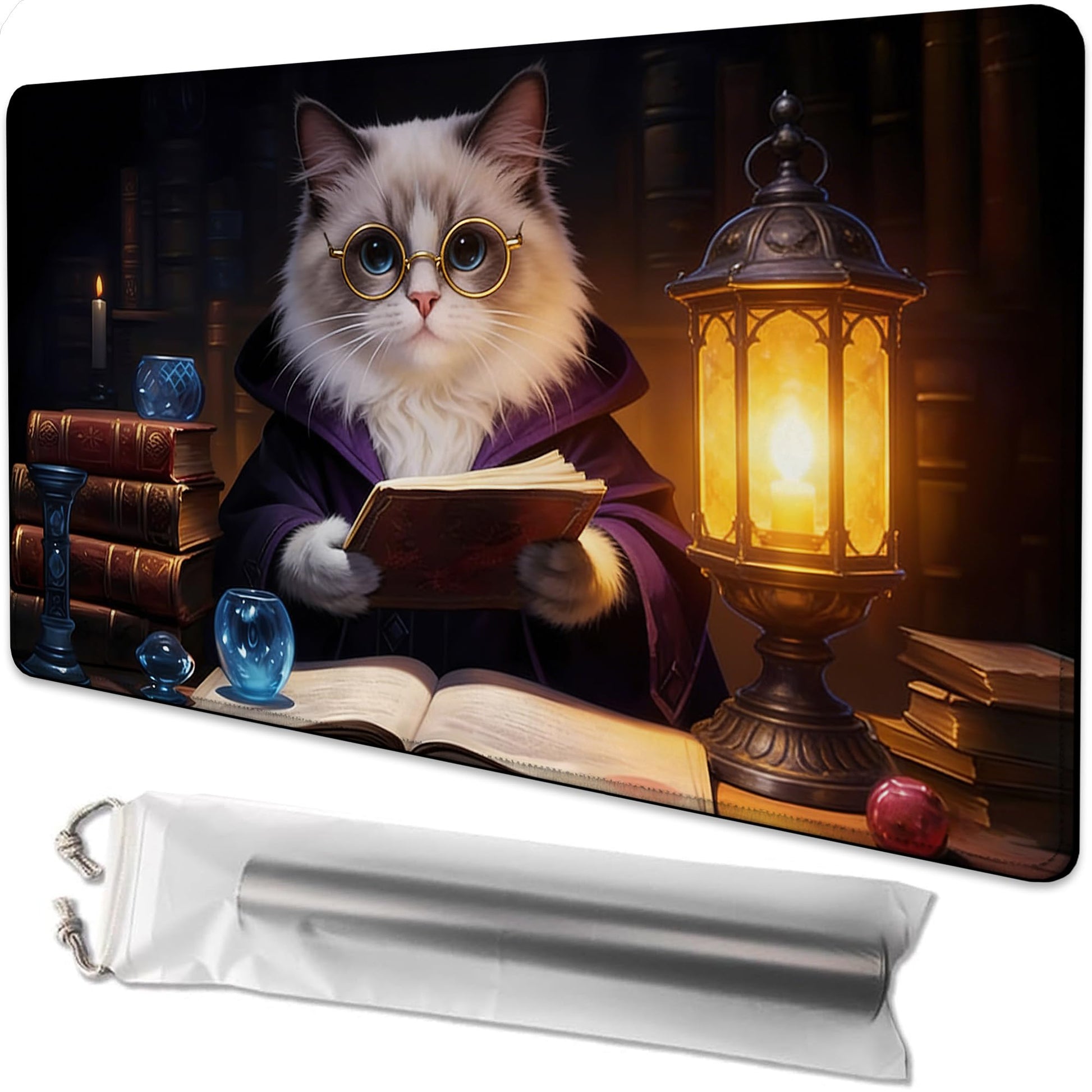 Playmat for MTG Cat Magic Play Mat 24x14 Inch Card Game Mat for Magic The Gathering TCG PTCG Playmat with Free Storage Bags Non-Slip Backing