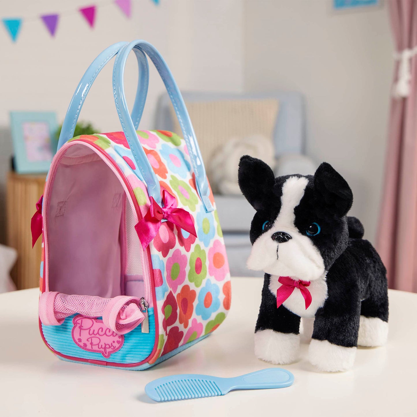 Pucci Pals Plush Puppy Dog Carrier Set, Floral Glam Bag, Boston Terrier