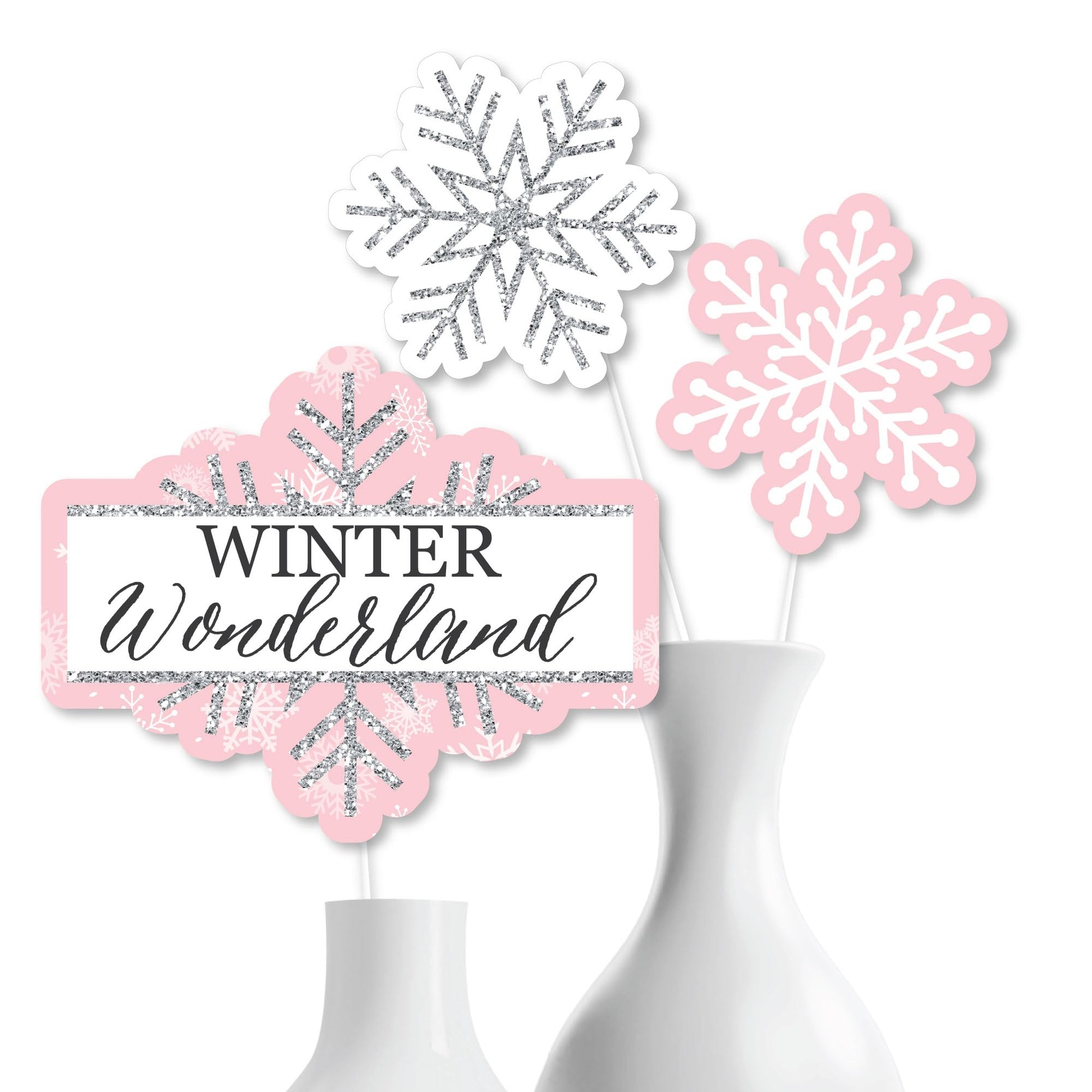 Big Dot of Happiness Pink Winter Wonderland - Holiday Snowflake Birthday Party or Baby Shower Centerpiece Sticks - Table Toppers - Set of 15