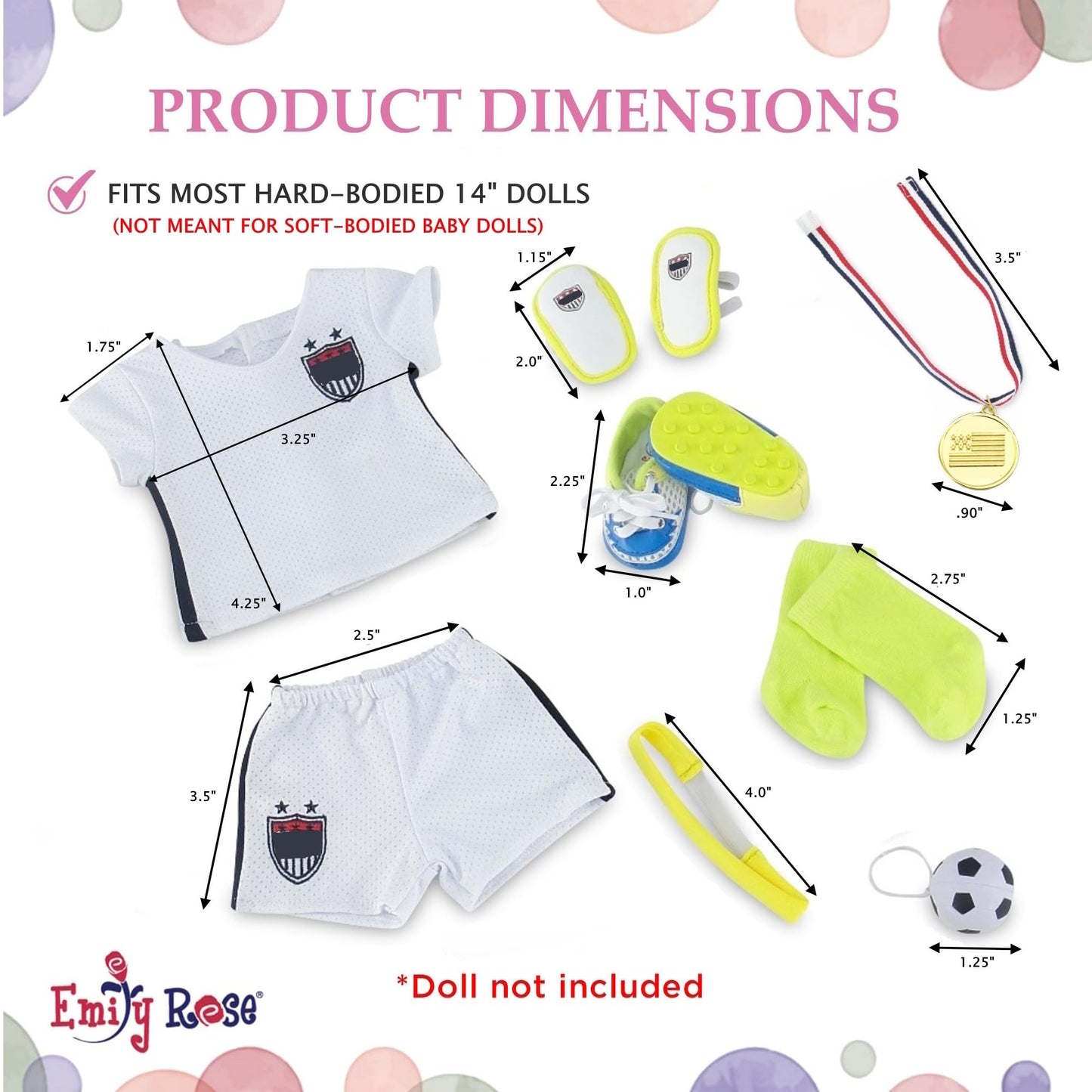 Emily Rose 14 Inch Doll Soccer Uniform 9-PC Set | Doll Clothes Sports Outfit with Socks Shin Guards Cleats Ball Headband Medal & Patriotic Face