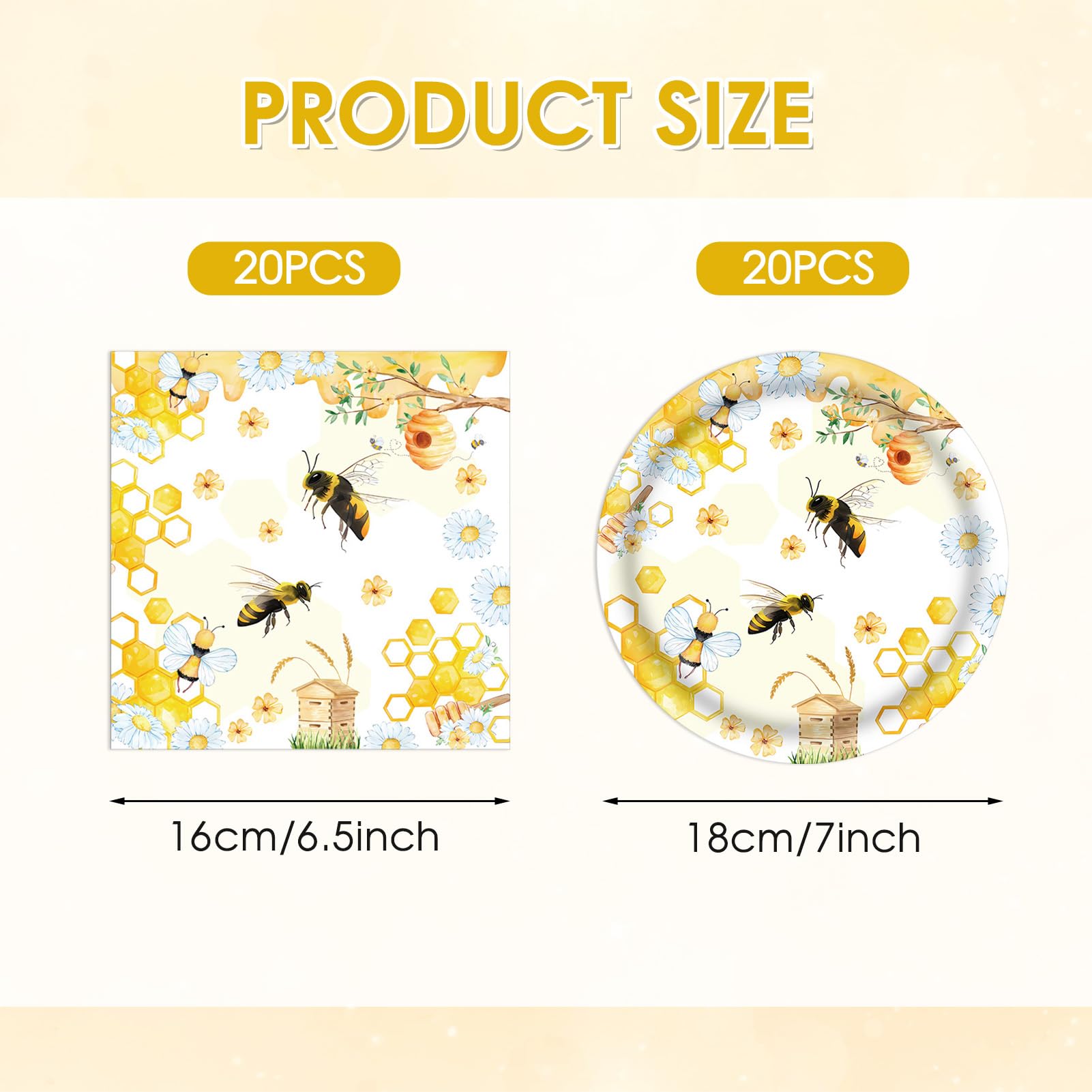 40Pcs Bee Birthday Party Decorations Bee Paper Plates and Napkins Cute Bumblebee Daisy Honeycomb Themed Tableware Set,for Honey Baby Shower Kids Boys