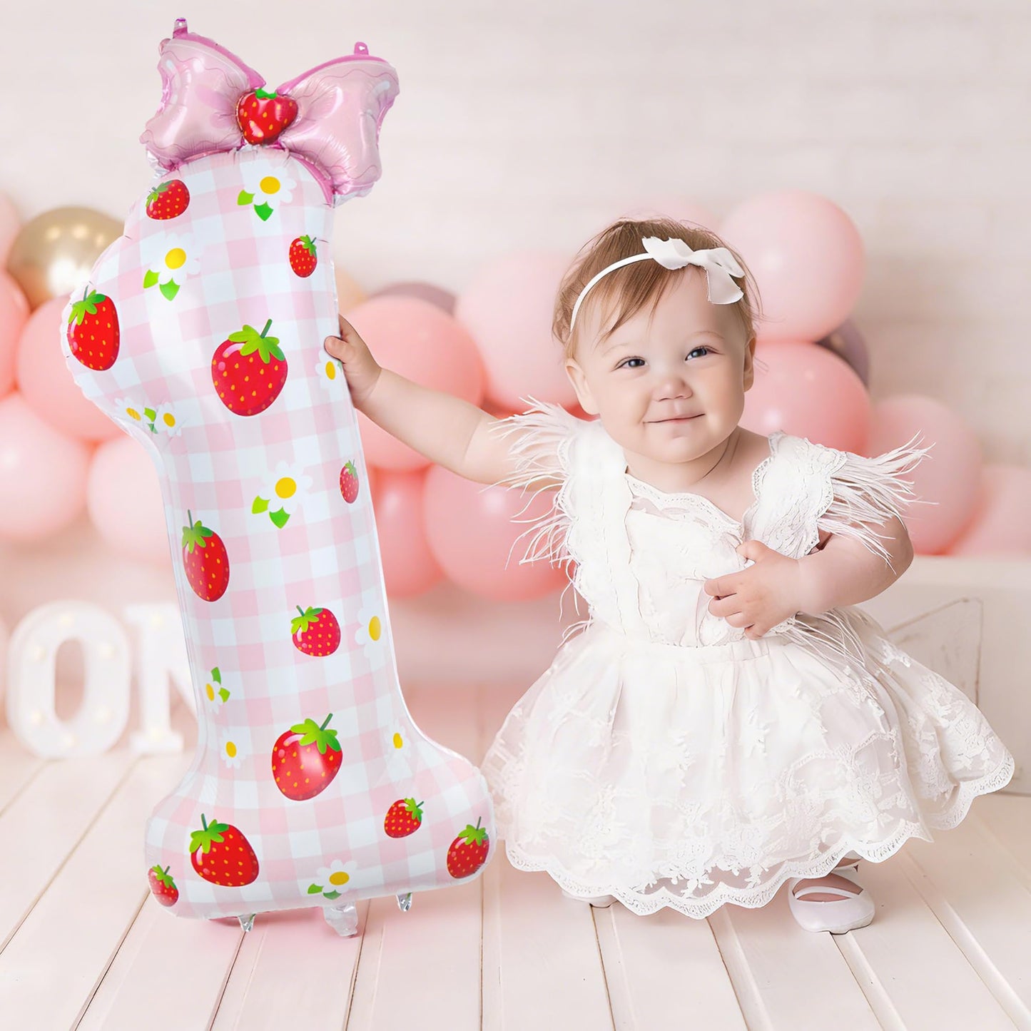 40 Inch Strawberry Number 1 Balloons,Pink Berry First Birthday Balloon with Bow,Large Sweet One Foil Balloon for Girl 1st Birthday