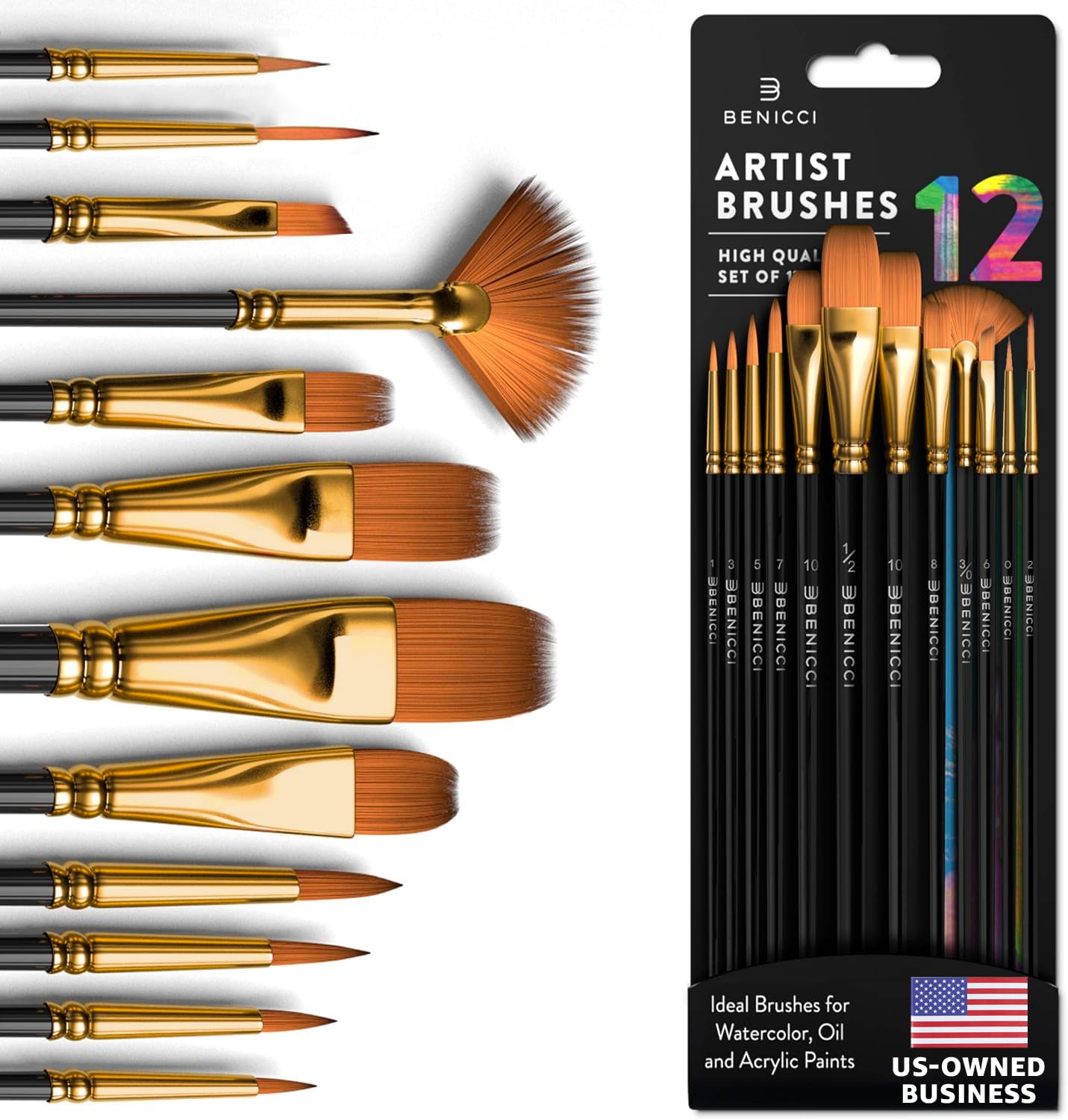 Professional Artist Paint Brush Set of 12 - Painting Brushes Kit for Kids, Adults Fabulous for Canvas, Watercolor & Fabric - for Beginners