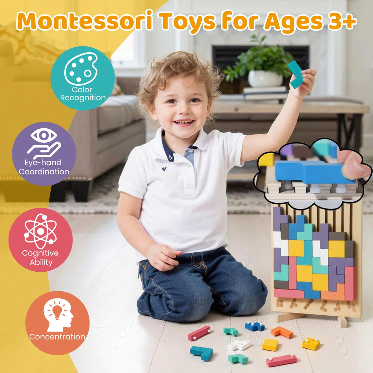 Wooden Stacking Toys 3D Puzzles - Russian Brain Pattern Blocks with Cards & Bag - Montessori Toys for 3-8 Year Old, Color Stack Game Board