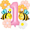 1st Birthday Decorations for Baby Girl, Pink Daisy Flower & Honey Bee Balloon Arch Kit, 40 Inch Number 1 Foil Balloon, Pastel First Birthday Party