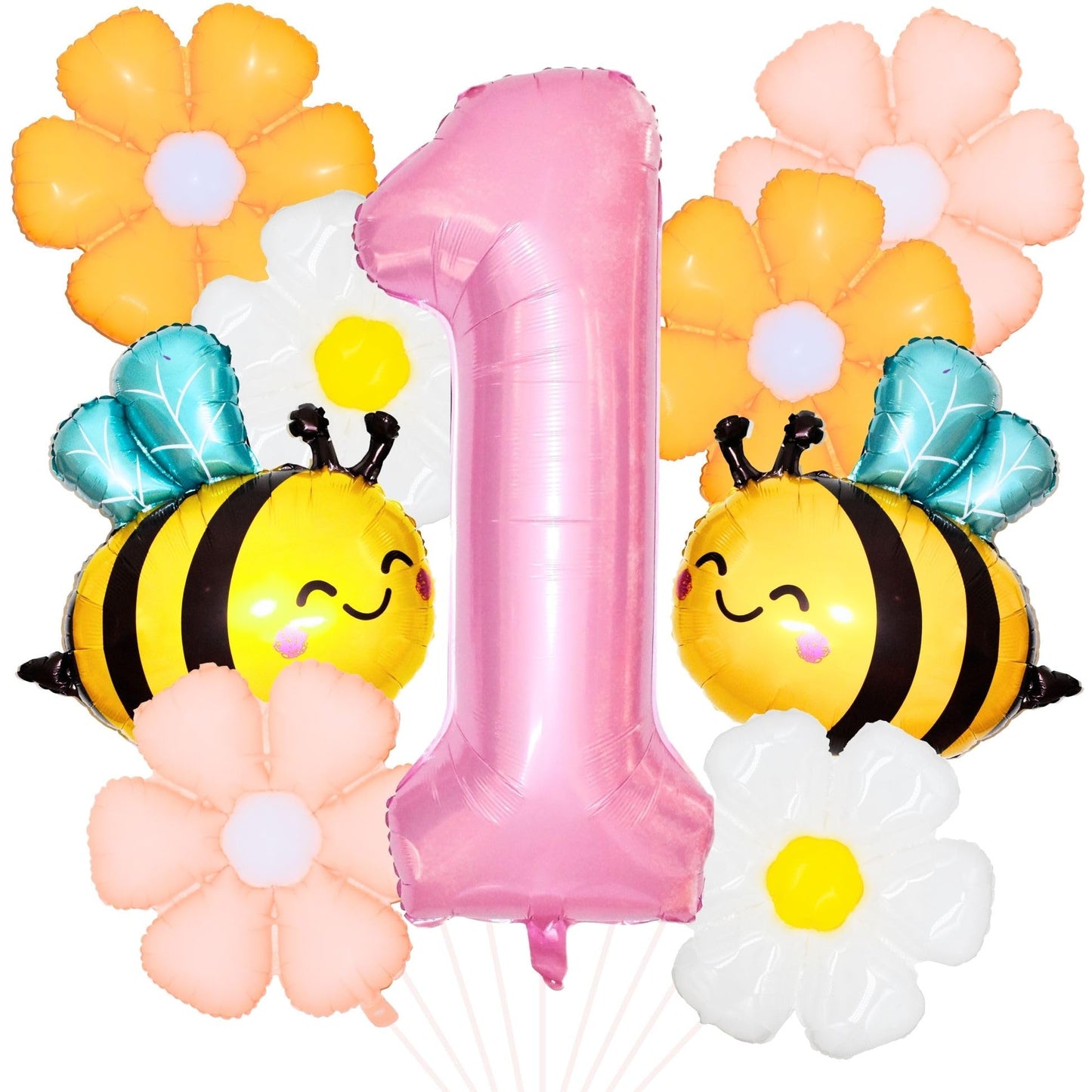 1st Birthday Decorations for Baby Girl, Pink Daisy Flower & Honey Bee Balloon Arch Kit, 40 Inch Number 1 Foil Balloon, Pastel First Birthday Party