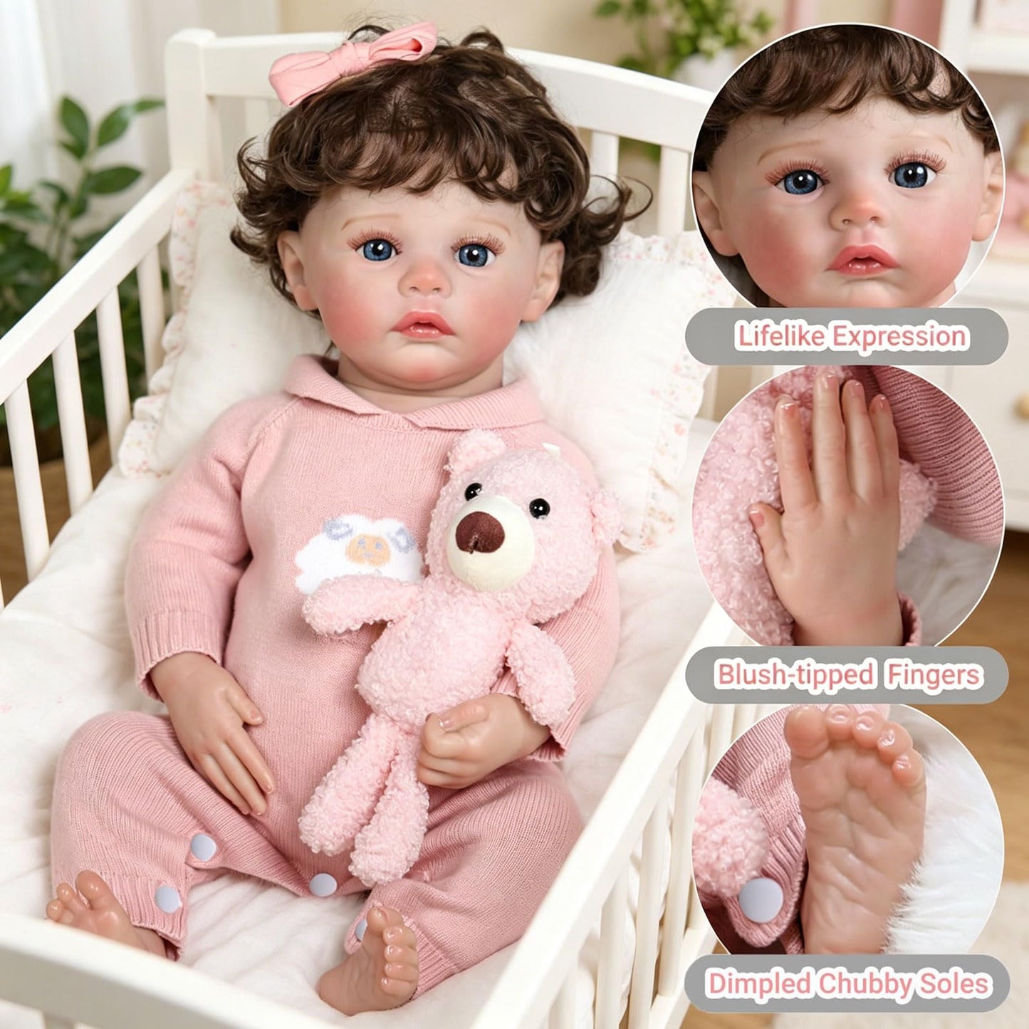 Tookyhill 16 Inch Lifelike Reborn Baby Doll, Full Vinyl Body, Poseable Limbs, Pink Knit Outfit & Bear Toy, Realistic Newborn Doll Gift for Toddler